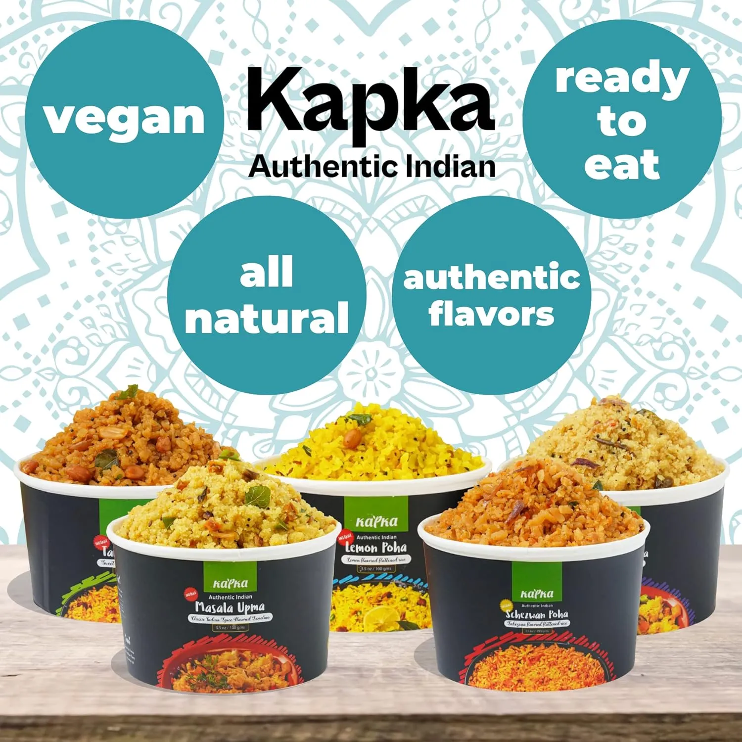 Kapka Assorted Variety Indian Meals - 5 Pack - Ready to Eat Authentic Vegan Prepared Food - Just Add Water - Microwaveable Plant-Based Snacks for Breakfast, Lunch, Non-GMO, No Additives - 3.5oz Each
