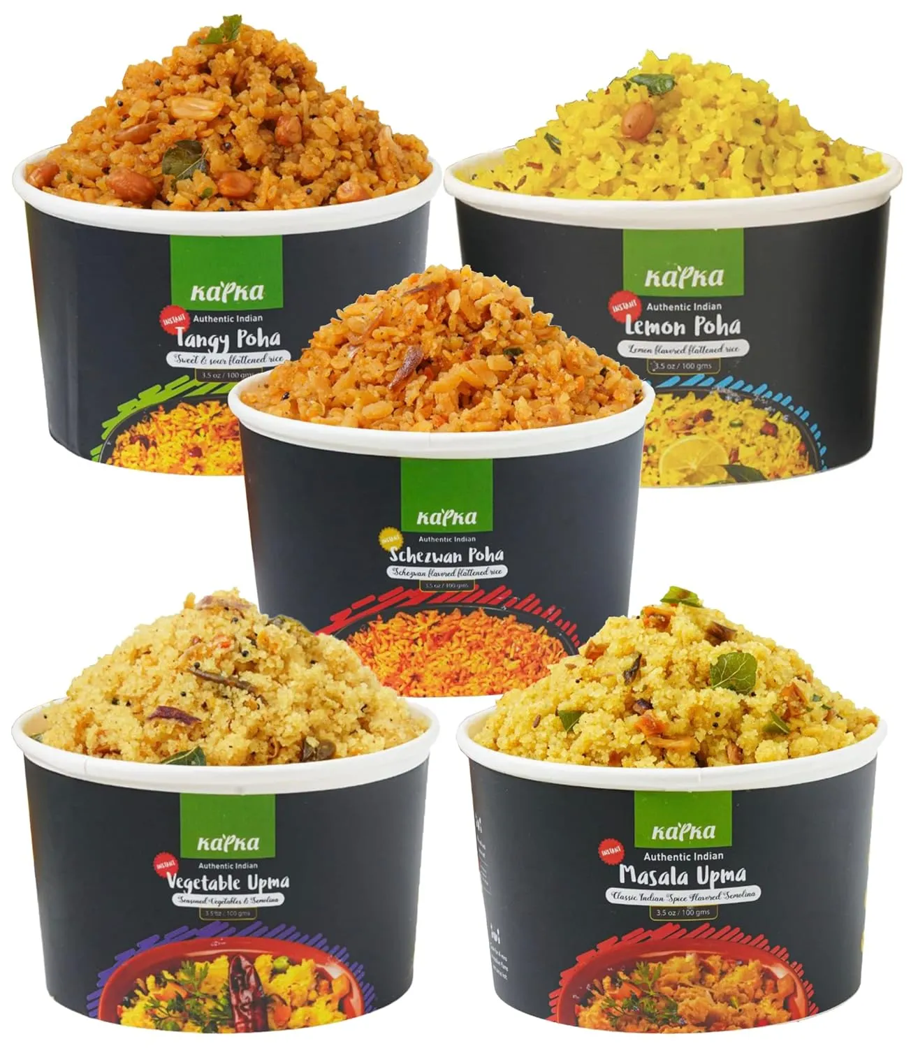 Kapka Assorted Variety Indian Meals - 5 Pack - Ready to Eat Authentic Vegan Prepared Food - Just Add Water - Microwaveable Plant-Based Snacks for Breakfast, Lunch, Non-GMO, No Additives - 3.5oz Each