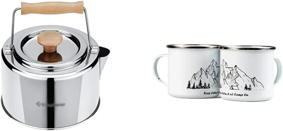 Kettle for Stove top 1.2L Stainless Steel Camping Kettle Compact Outdoor Tea Coffee Pot Hiking Cooking Kettle with Handle for Backpacking Travel Kitchen Supplies Teapots (Color : Kettle cup X2