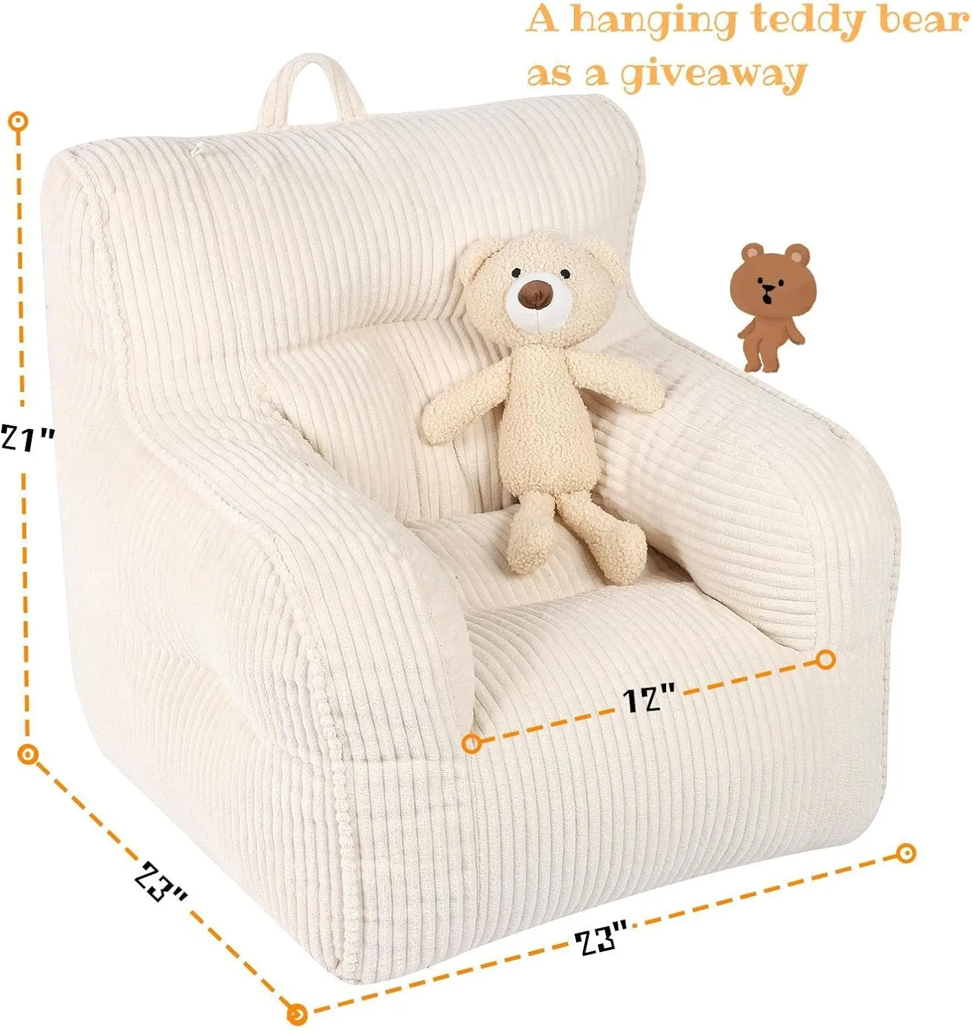 Kids Bean Bag Chair with a Plush Bear, Comfy Toddler Chair for Boys and Girls, Beige