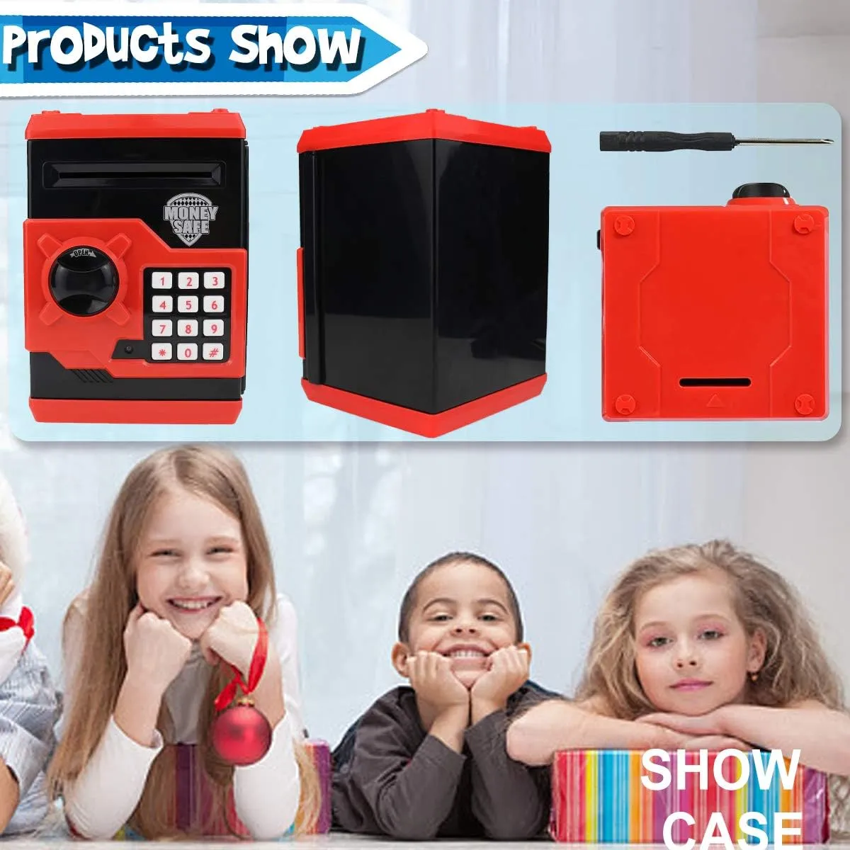 Kids Money Bank, Electronic Piggy Banks, Great Gift Toy for Kids Children, Auto Scroll Paper Money Saving Box Password Coin Bank,Perfect Toy Gifts for Boys Girls (Black red)