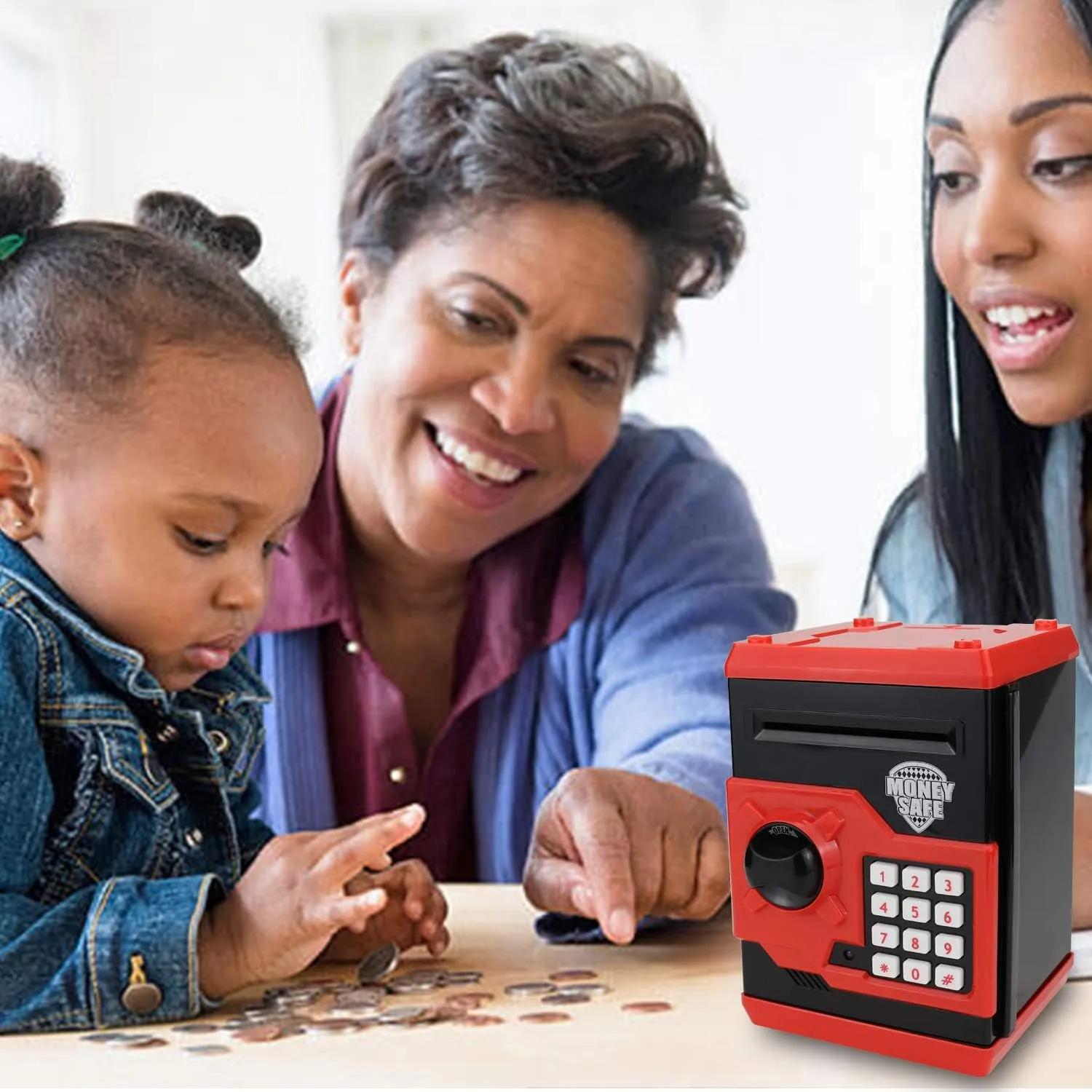 Kids Money Bank, Electronic Piggy Banks, Great Gift Toy for Kids Children, Auto Scroll Paper Money Saving Box Password Coin Bank,Perfect Toy Gifts for Boys Girls (Black red)