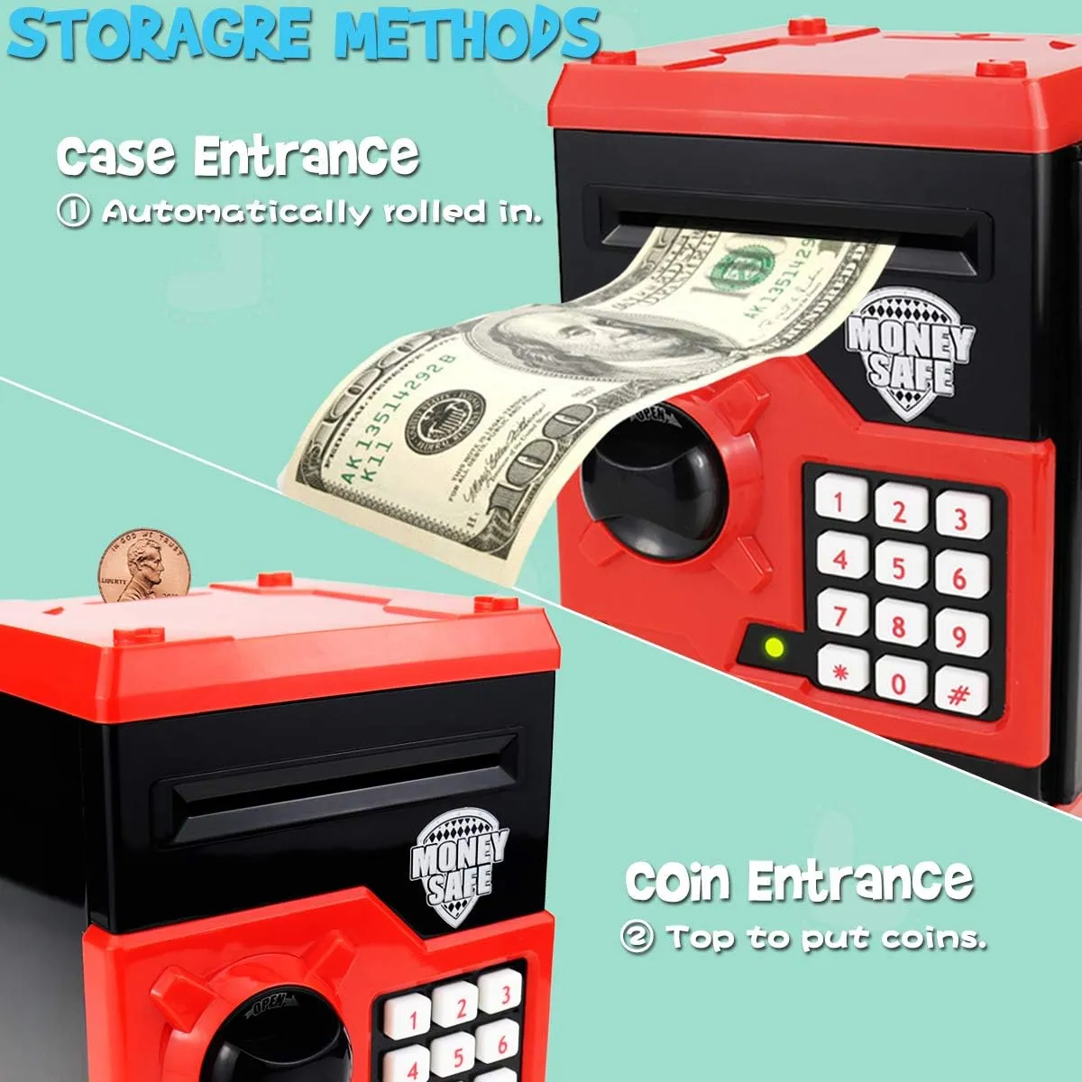 Kids Money Bank, Electronic Piggy Banks, Great Gift Toy for Kids Children, Auto Scroll Paper Money Saving Box Password Coin Bank,Perfect Toy Gifts for Boys Girls (Black red)