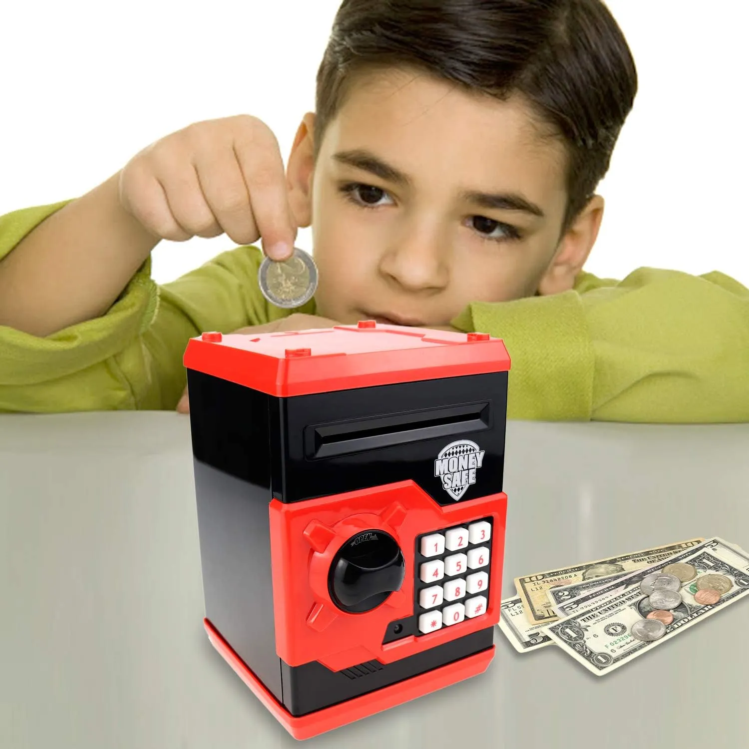 Kids Money Bank, Electronic Piggy Banks, Great Gift Toy for Kids Children, Auto Scroll Paper Money Saving Box Password Coin Bank,Perfect Toy Gifts for Boys Girls (Black red)