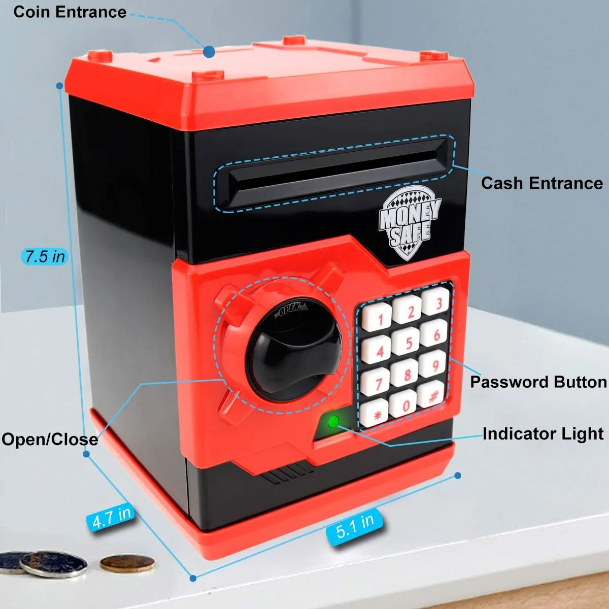 Kids Money Bank, Electronic Piggy Banks, Great Gift Toy for Kids Children, Auto Scroll Paper Money Saving Box Password Coin Bank,Perfect Toy Gifts for Boys Girls (Black red)