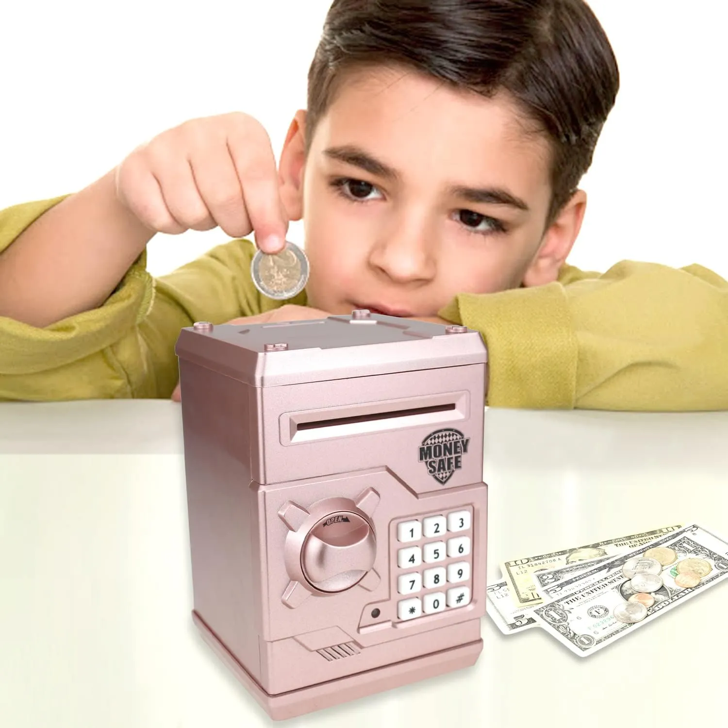 Kids Money Bank, Electronic Piggy Banks, Great Gift Toy for Kids Children, Auto Scroll Paper Money Saving Box Password Coin Bank,Perfect Toy Gifts for Boys Girls (Rose Gold)