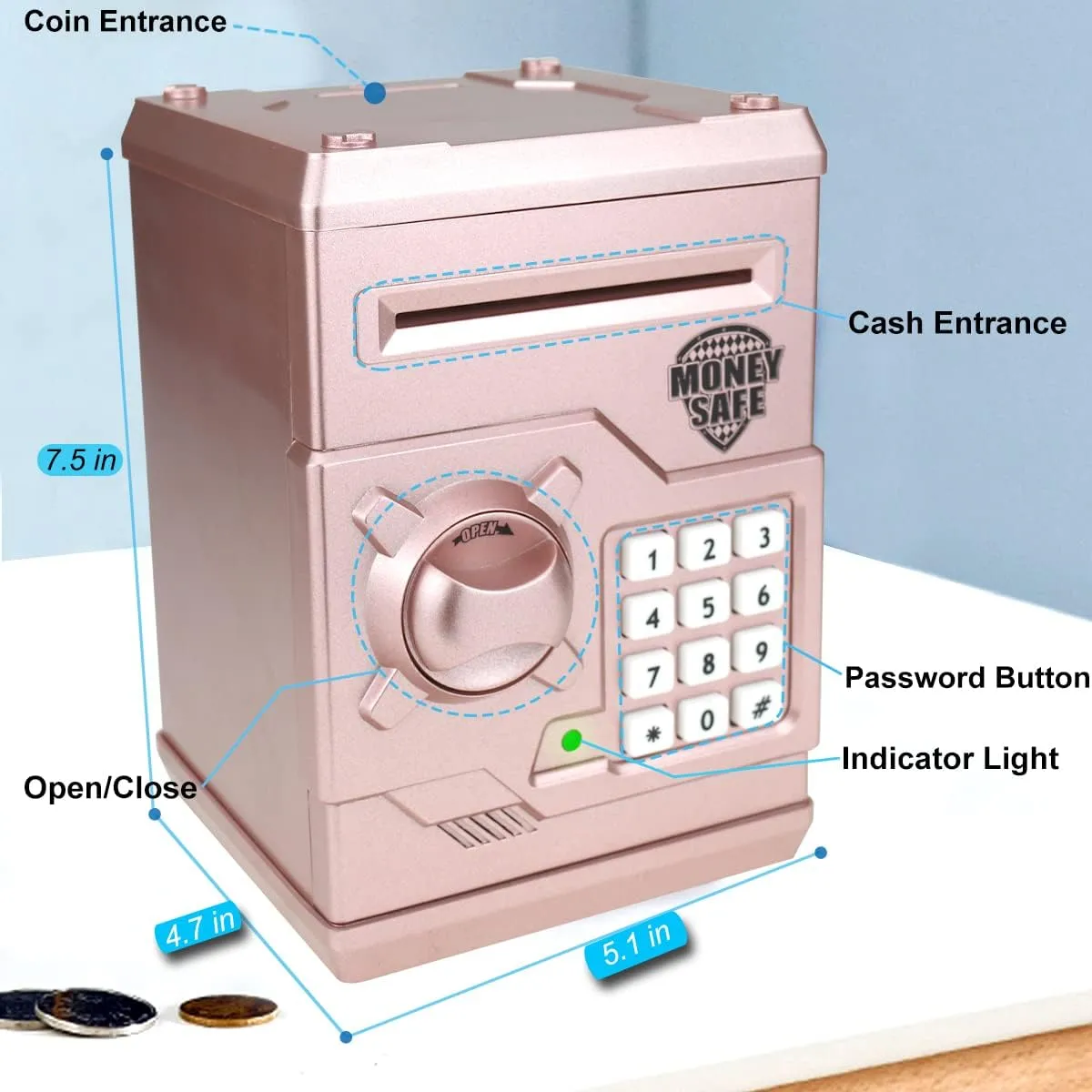 Kids Money Bank, Electronic Piggy Banks, Great Gift Toy for Kids Children, Auto Scroll Paper Money Saving Box Password Coin Bank,Perfect Toy Gifts for Boys Girls (Rose Gold)