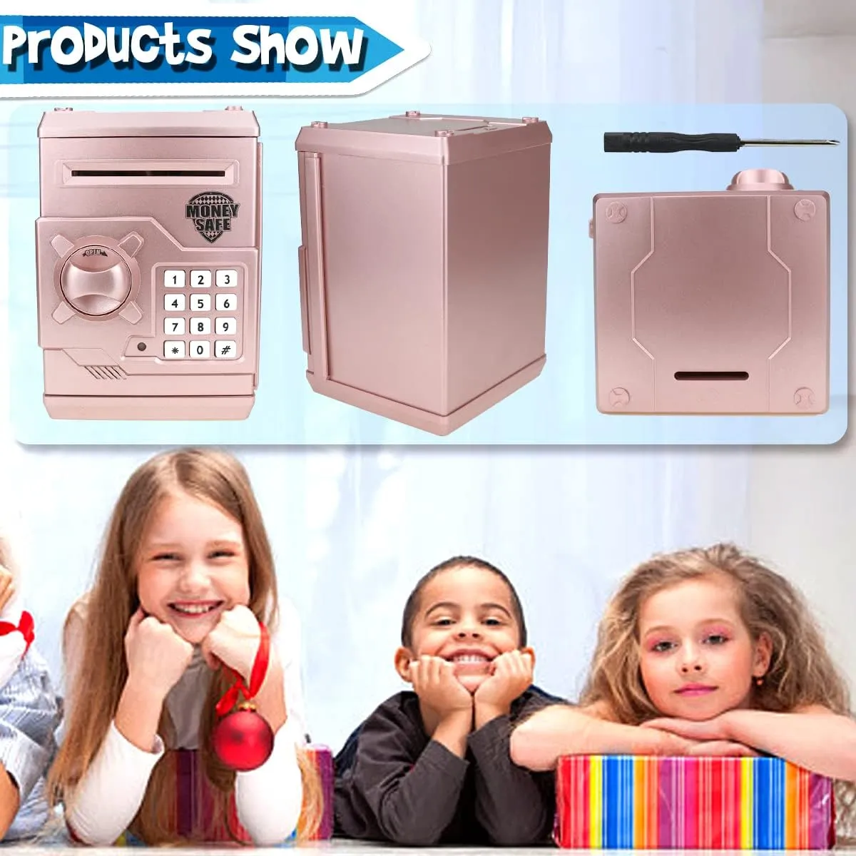 Kids Money Bank, Electronic Piggy Banks, Great Gift Toy for Kids Children, Auto Scroll Paper Money Saving Box Password Coin Bank,Perfect Toy Gifts for Boys Girls (Rose Gold)