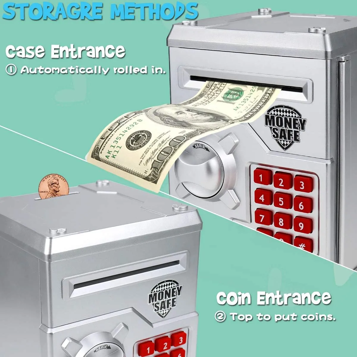 Kids Money Bank, Electronic Piggy Banks, Great Gift Toy for Kids Children, Auto Scroll Paper Money Saving Box Password Coin Bank,Perfect Toy Gifts for Boys Girls (Silver)