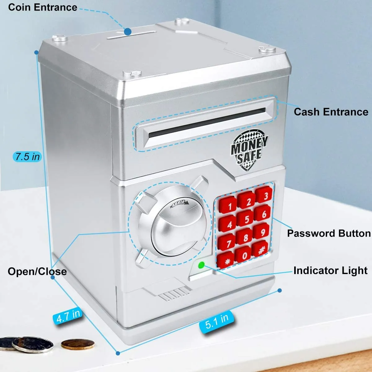 Kids Money Bank, Electronic Piggy Banks, Great Gift Toy for Kids Children, Auto Scroll Paper Money Saving Box Password Coin Bank,Perfect Toy Gifts for Boys Girls (Silver)