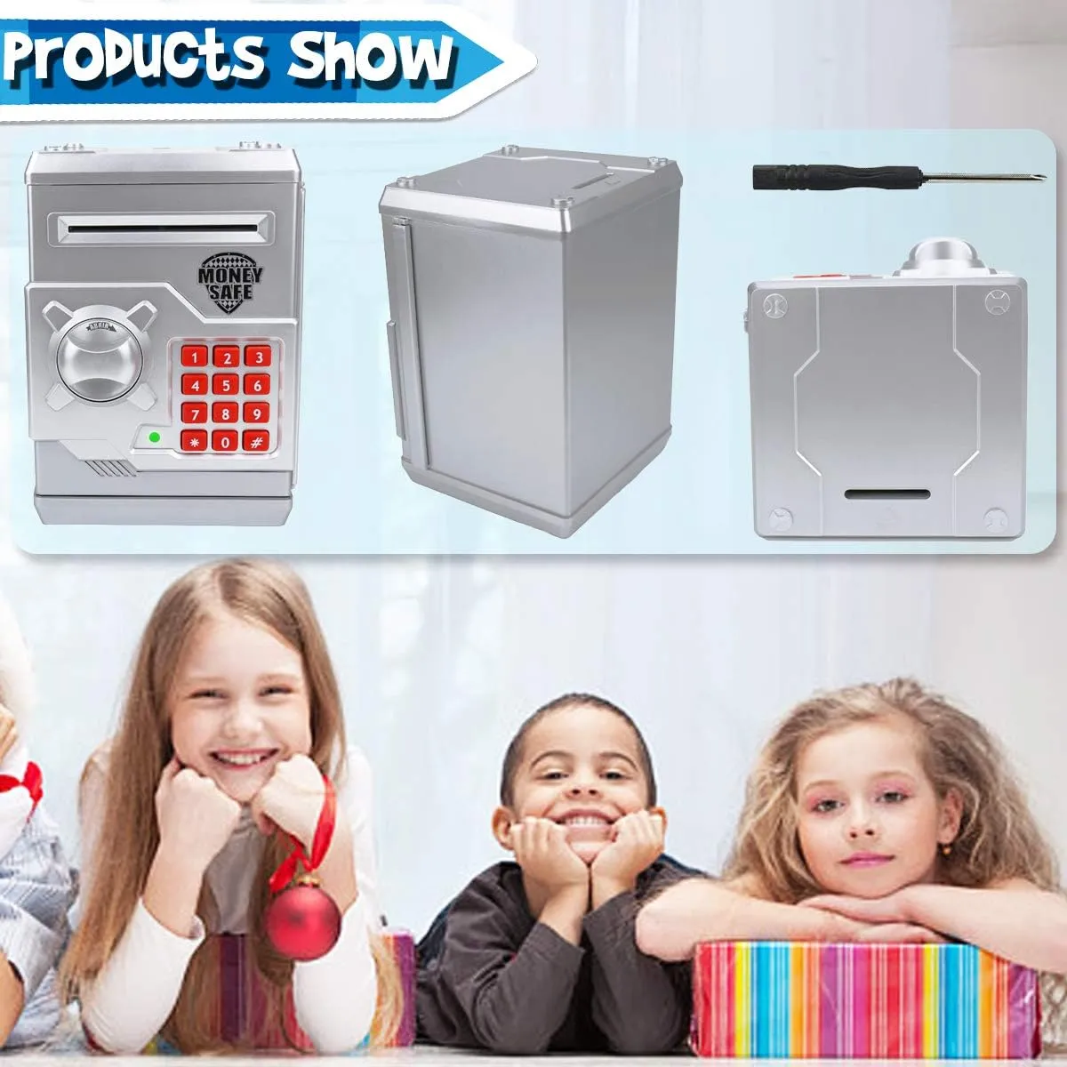 Kids Money Bank, Electronic Piggy Banks, Great Gift Toy for Kids Children, Auto Scroll Paper Money Saving Box Password Coin Bank,Perfect Toy Gifts for Boys Girls (Silver)