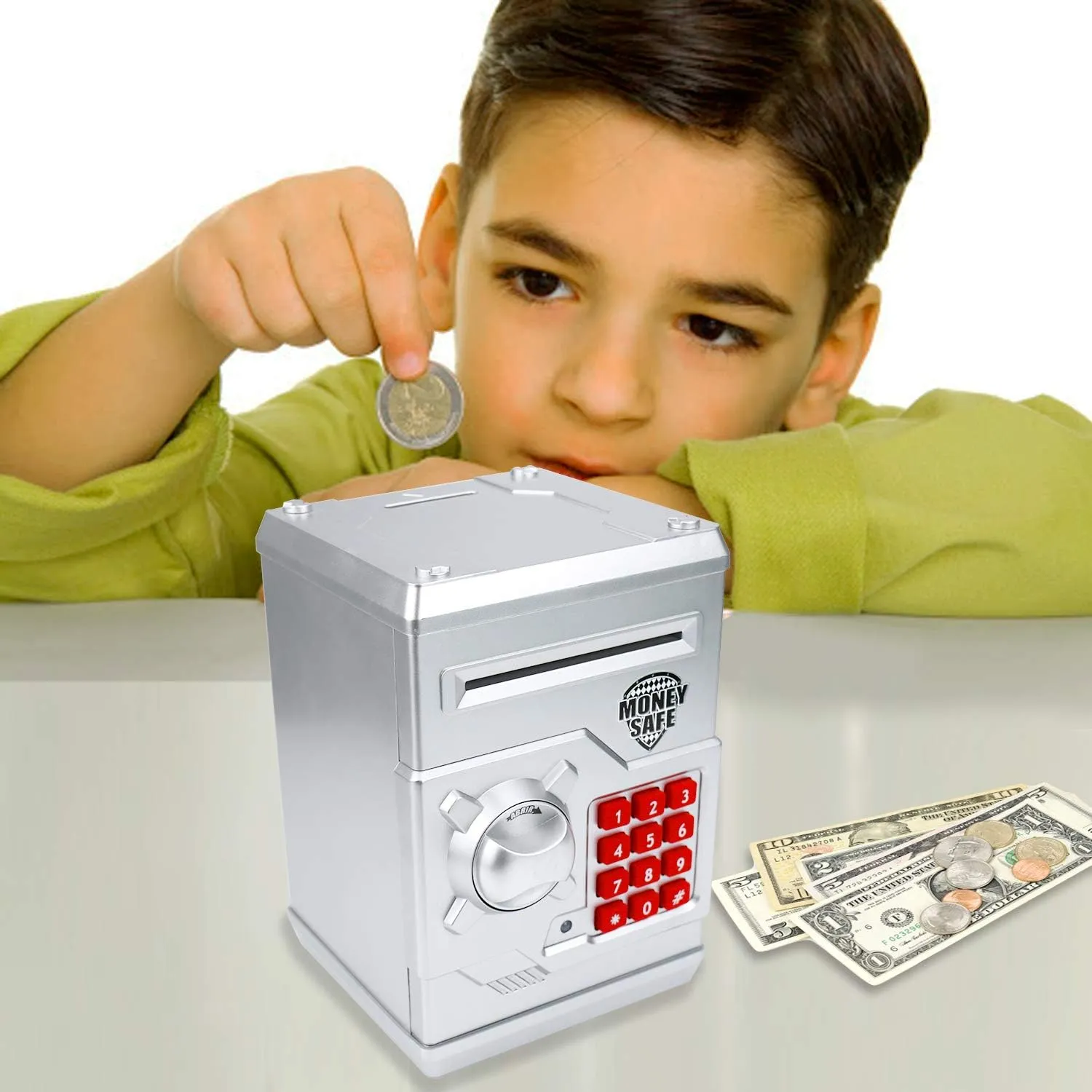 Kids Money Bank, Electronic Piggy Banks, Great Gift Toy for Kids Children, Auto Scroll Paper Money Saving Box Password Coin Bank,Perfect Toy Gifts for Boys Girls (Silver)