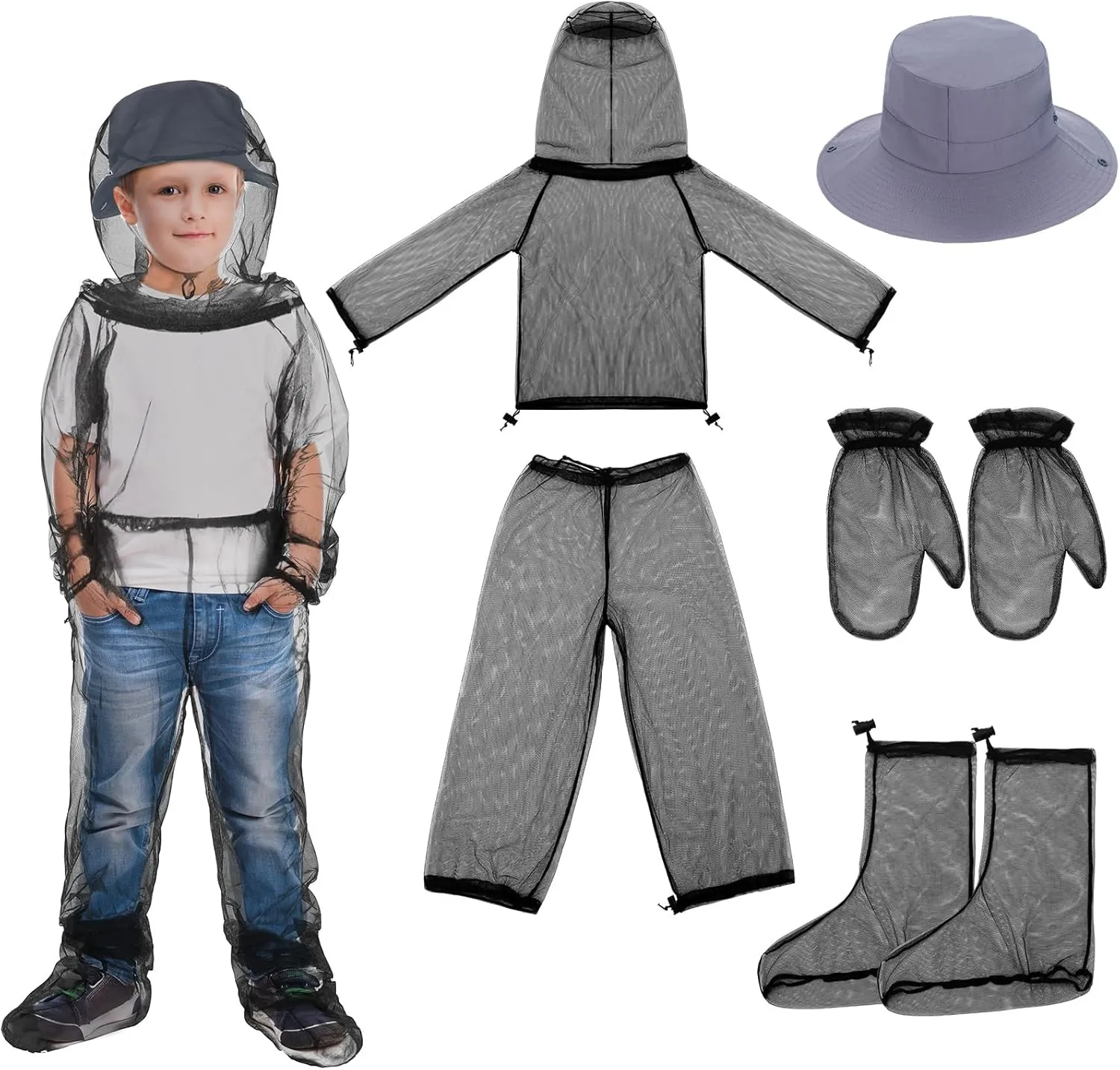 Kids Mosquito Outdoor Suit Breathable Net Fishing Hat Netting Protection Cap Hood Ultra-fine Mesh Jacket and Pants Mitt Socks for Girls Boys Gardening Camping Hiking