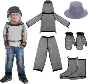 Kids Mosquito Outdoor Suit Breathable Net Fishing Hat Netting Protection Cap Hood Ultra-fine Mesh Jacket and Pants Mitt Socks for Girls Boys Gardening Camping Hiking
