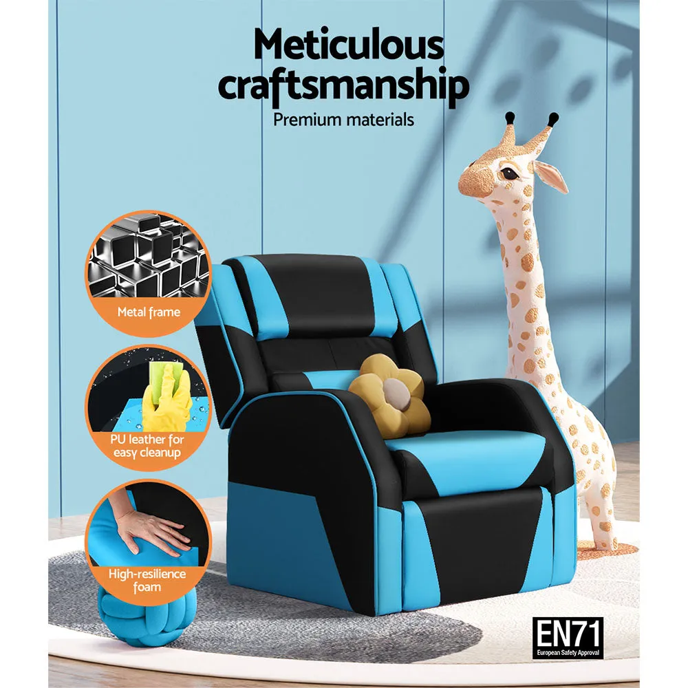 Kids Recliner Movie Chair PU Leather Gaming Sofa - Blue