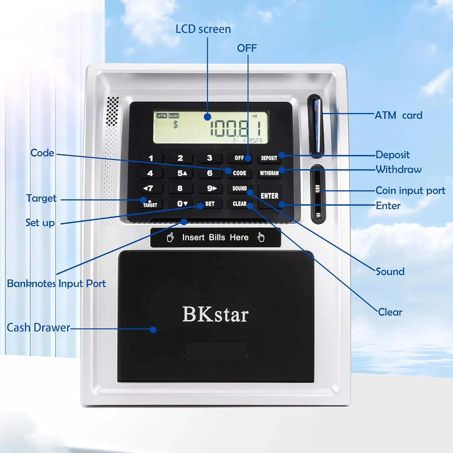 Kids Talking ATM Piggy Bank for Real Money with Dual Debit Cards, Power-Off Memory, Auto-Opening Drawer, Onekey Shutdown, Bill Feeder, Coin Recognition, Balance Calculator Machine