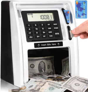 Kids Talking ATM Piggy Bank for Real Money with Dual Debit Cards, Power-Off Memory, Auto-Opening Drawer, Onekey Shutdown, Bill Feeder, Coin Recognition, Balance Calculator Machine
