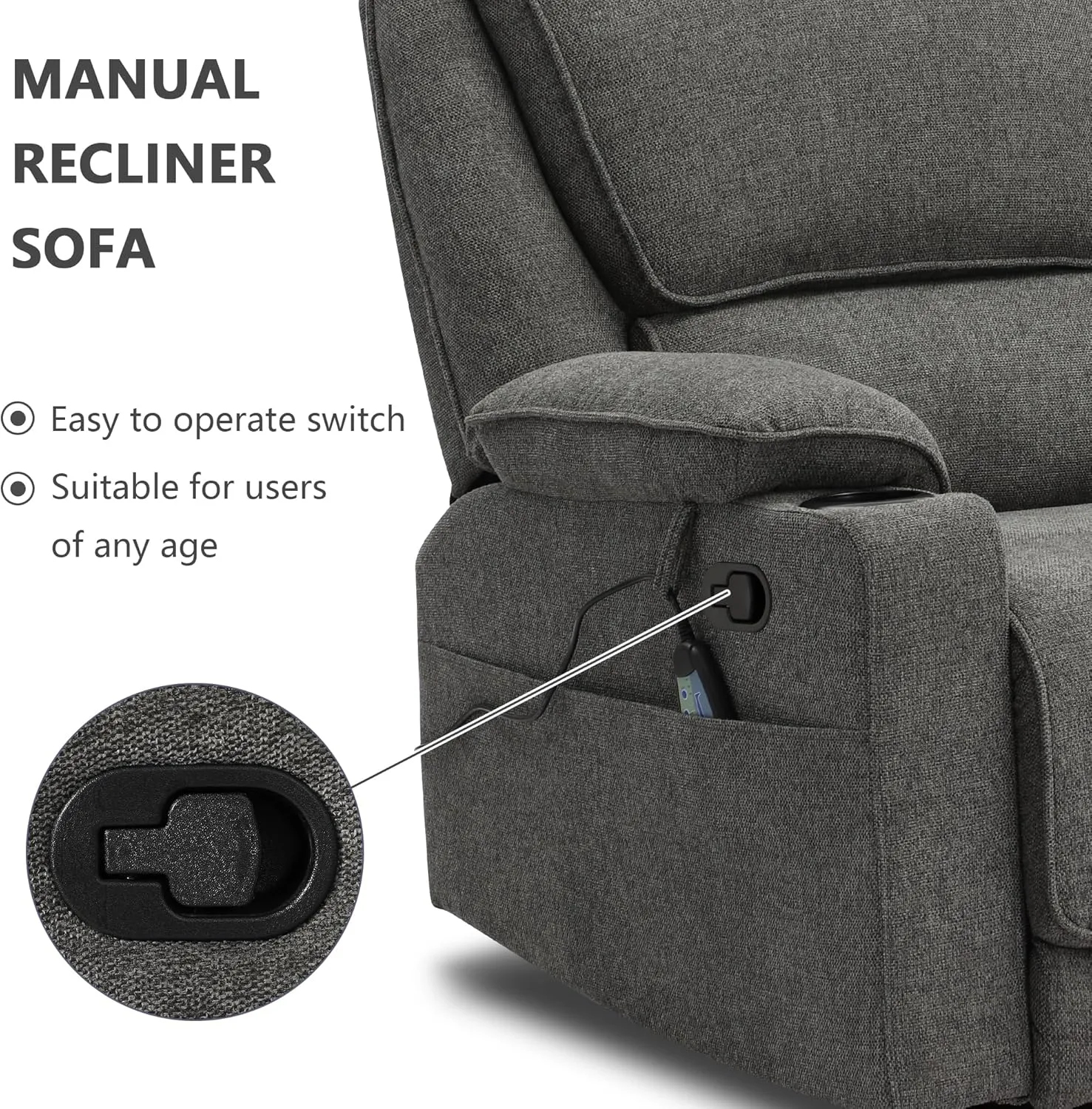 KIGOTY Recliner Chair Swivel Glider with Cup Holder, Recliners with Massage and Heating, Manual Reclining Chair with Footrest and 360 Swivel Rotation Base for Living Room (Dark Grey)