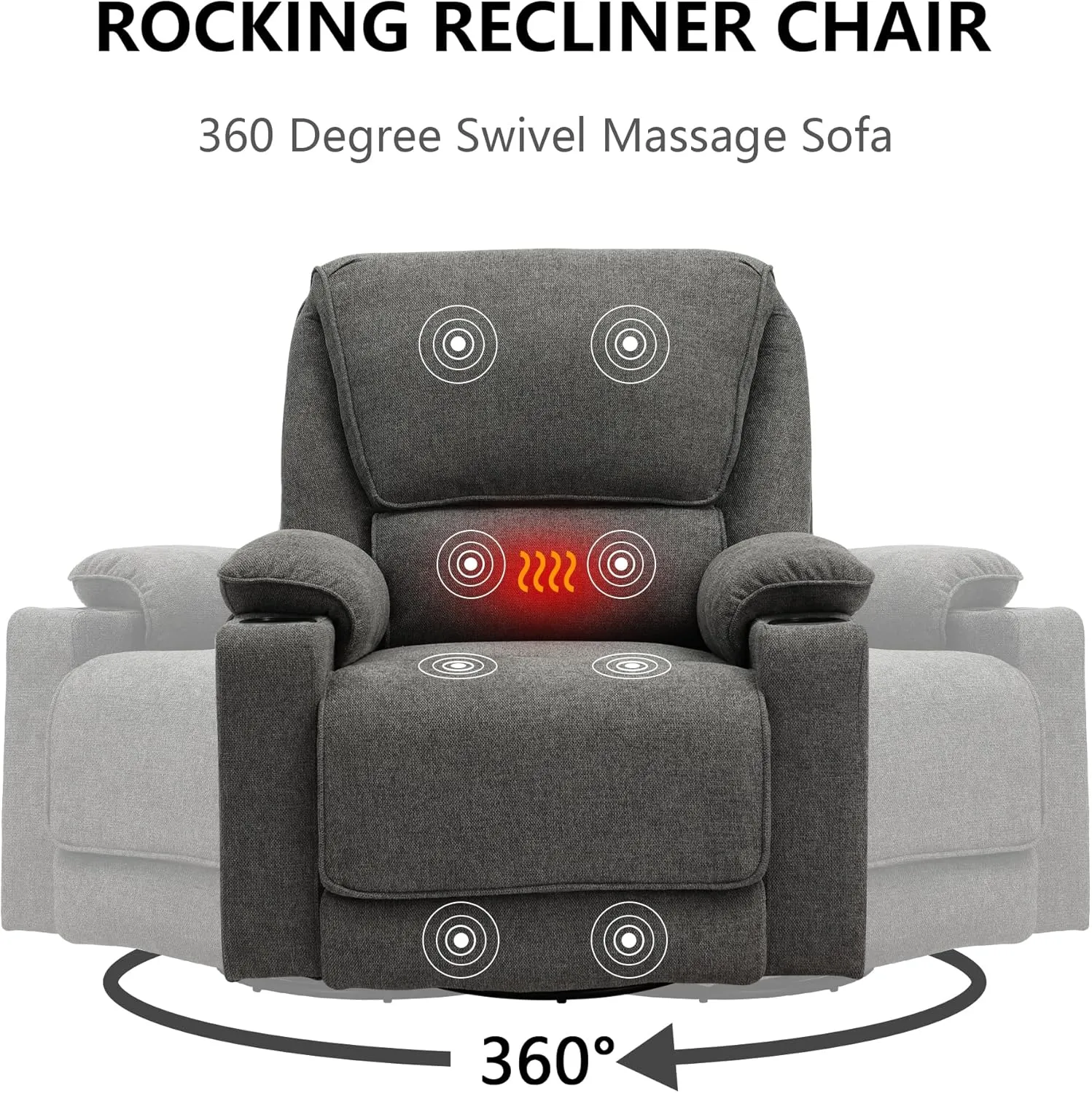 KIGOTY Recliner Chair Swivel Glider with Cup Holder, Recliners with Massage and Heating, Manual Reclining Chair with Footrest and 360 Swivel Rotation Base for Living Room (Dark Grey)