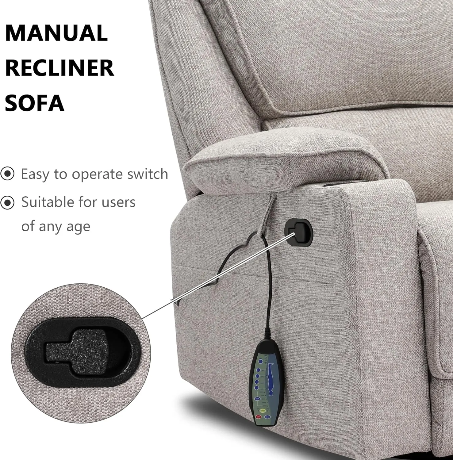 KIGOTY Recliner Chair Swivel Glider with Cup Holder, Recliners with Massage and Heating, Manual Reclining Chair with Footrest and 360 Swivel Rotation Base for Living Room (Light Grey)