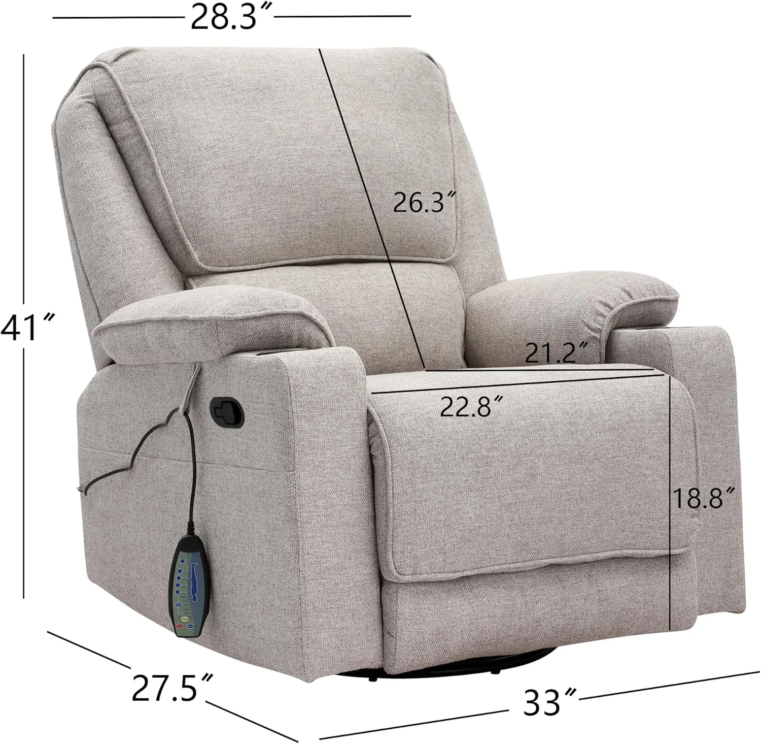 KIGOTY Recliner Chair Swivel Glider with Cup Holder, Recliners with Massage and Heating, Manual Reclining Chair with Footrest and 360 Swivel Rotation Base for Living Room (Light Grey)