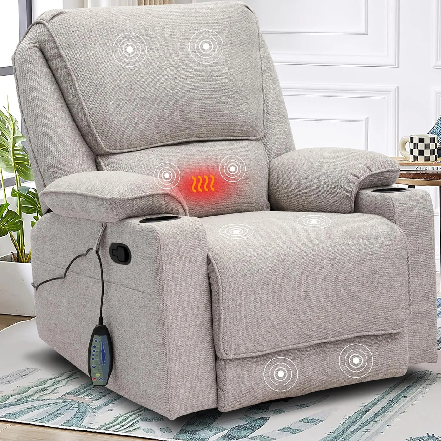 KIGOTY Recliner Chair Swivel Glider with Cup Holder, Recliners with Massage and Heating, Manual Reclining Chair with Footrest and 360 Swivel Rotation Base for Living Room (Light Grey)