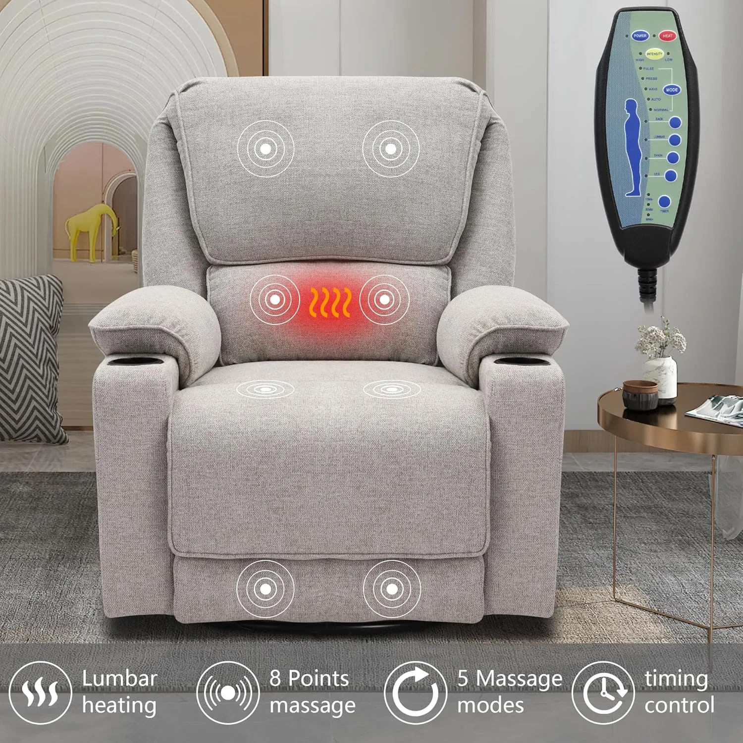 KIGOTY Recliner Chair Swivel Glider with Cup Holder, Recliners with Massage and Heating, Manual Reclining Chair with Footrest and 360 Swivel Rotation Base for Living Room (Light Grey)