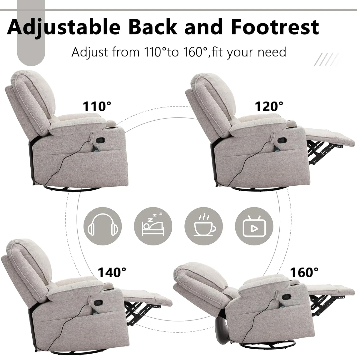KIGOTY Recliner Chair Swivel Glider with Cup Holder, Recliners with Massage and Heating, Manual Reclining Chair with Footrest and 360 Swivel Rotation Base for Living Room (Light Grey)