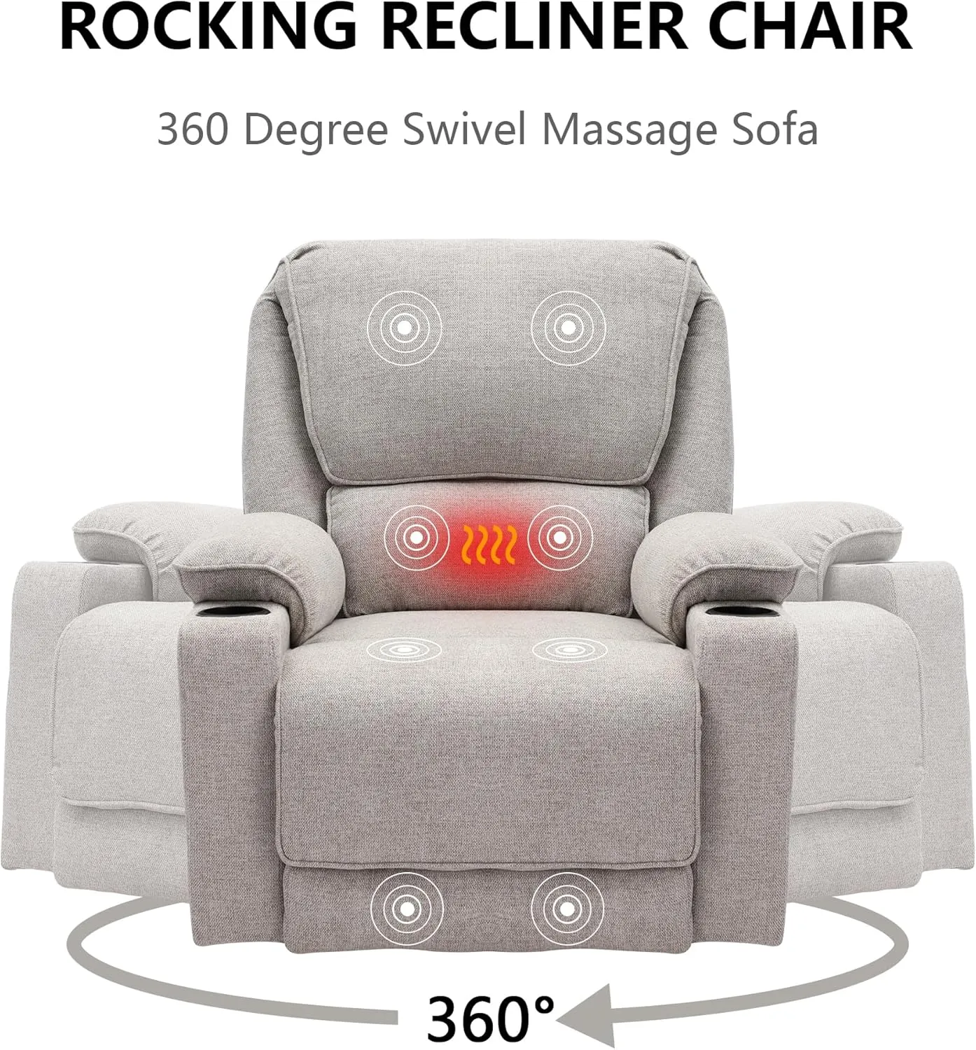 KIGOTY Recliner Chair Swivel Glider with Cup Holder, Recliners with Massage and Heating, Manual Reclining Chair with Footrest and 360 Swivel Rotation Base for Living Room (Light Grey)