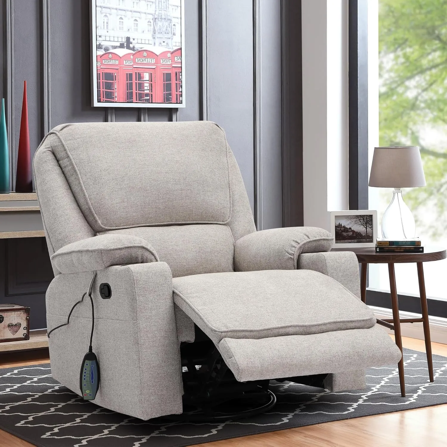 KIGOTY Recliner Chair Swivel Glider with Cup Holder, Recliners with Massage and Heating, Manual Reclining Chair with Footrest and 360 Swivel Rotation Base for Living Room (Light Grey)