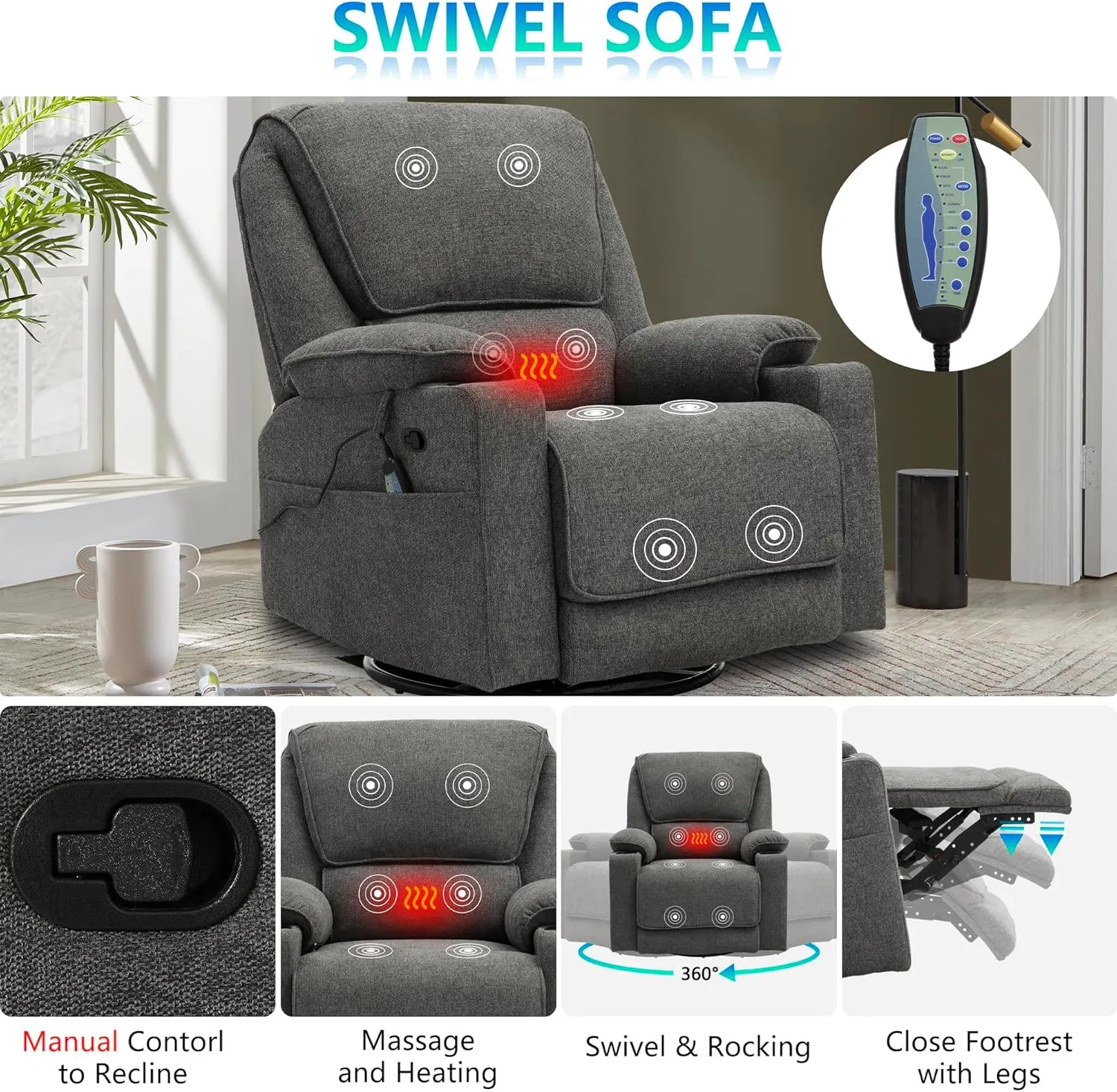 KIGOTY Reclining Living Room Set, 2-Piece Recliner Furniture Sofa, Loveseat Recliner and Swivel Recliner Chair with Cup Houlders for Living Room,Dark Grey