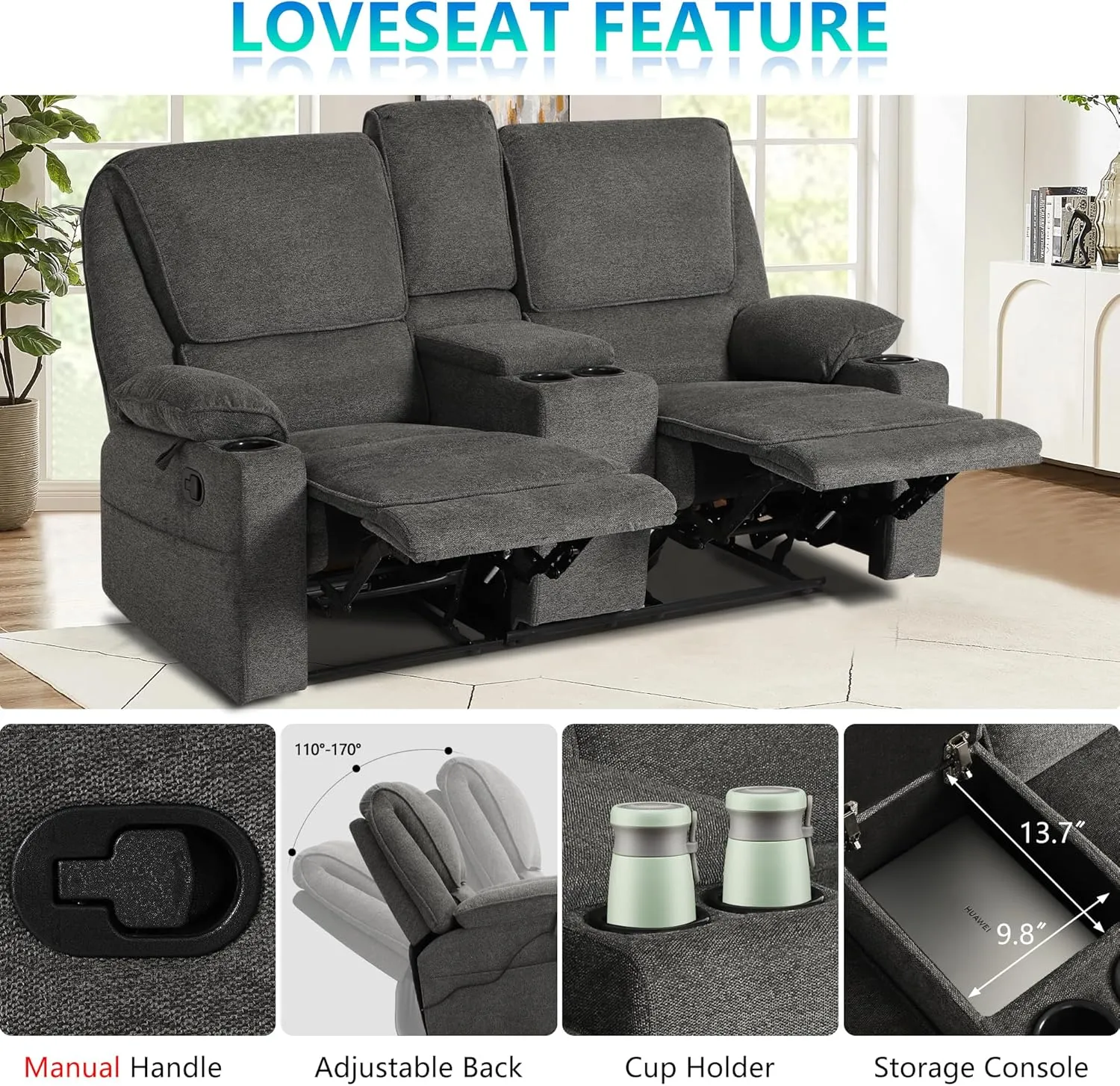 KIGOTY Reclining Living Room Set, 2-Piece Recliner Furniture Sofa, Loveseat Recliner and Swivel Recliner Chair with Cup Houlders for Living Room,Dark Grey