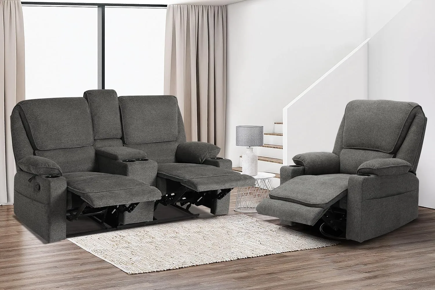 KIGOTY Reclining Living Room Set, 2-Piece Recliner Furniture Sofa, Loveseat Recliner and Swivel Recliner Chair with Cup Houlders for Living Room,Dark Grey