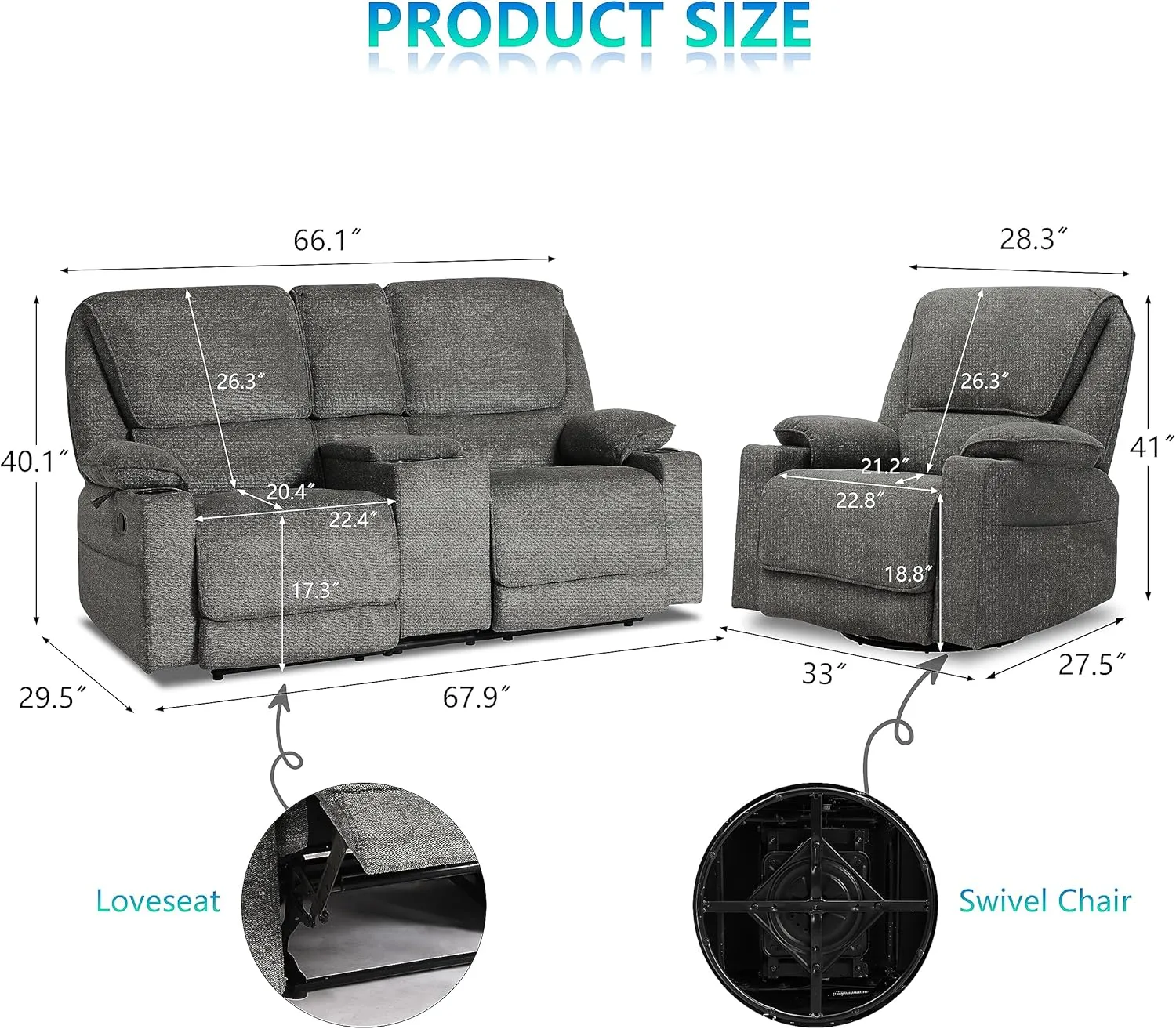 KIGOTY Reclining Living Room Set, 2-Piece Recliner Furniture Sofa, Loveseat Recliner and Swivel Recliner Chair with Cup Houlders for Living Room,Dark Grey