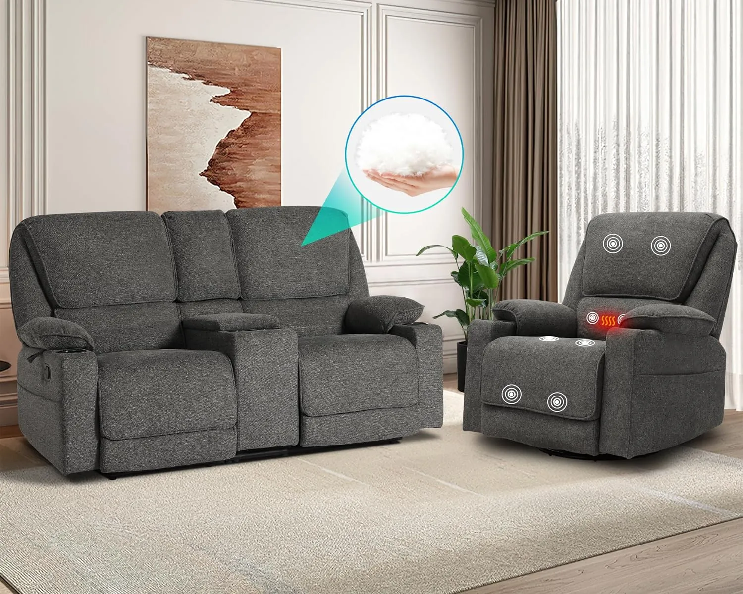 KIGOTY Reclining Living Room Set, 2-Piece Recliner Furniture Sofa, Loveseat Recliner and Swivel Recliner Chair with Cup Houlders for Living Room,Dark Grey