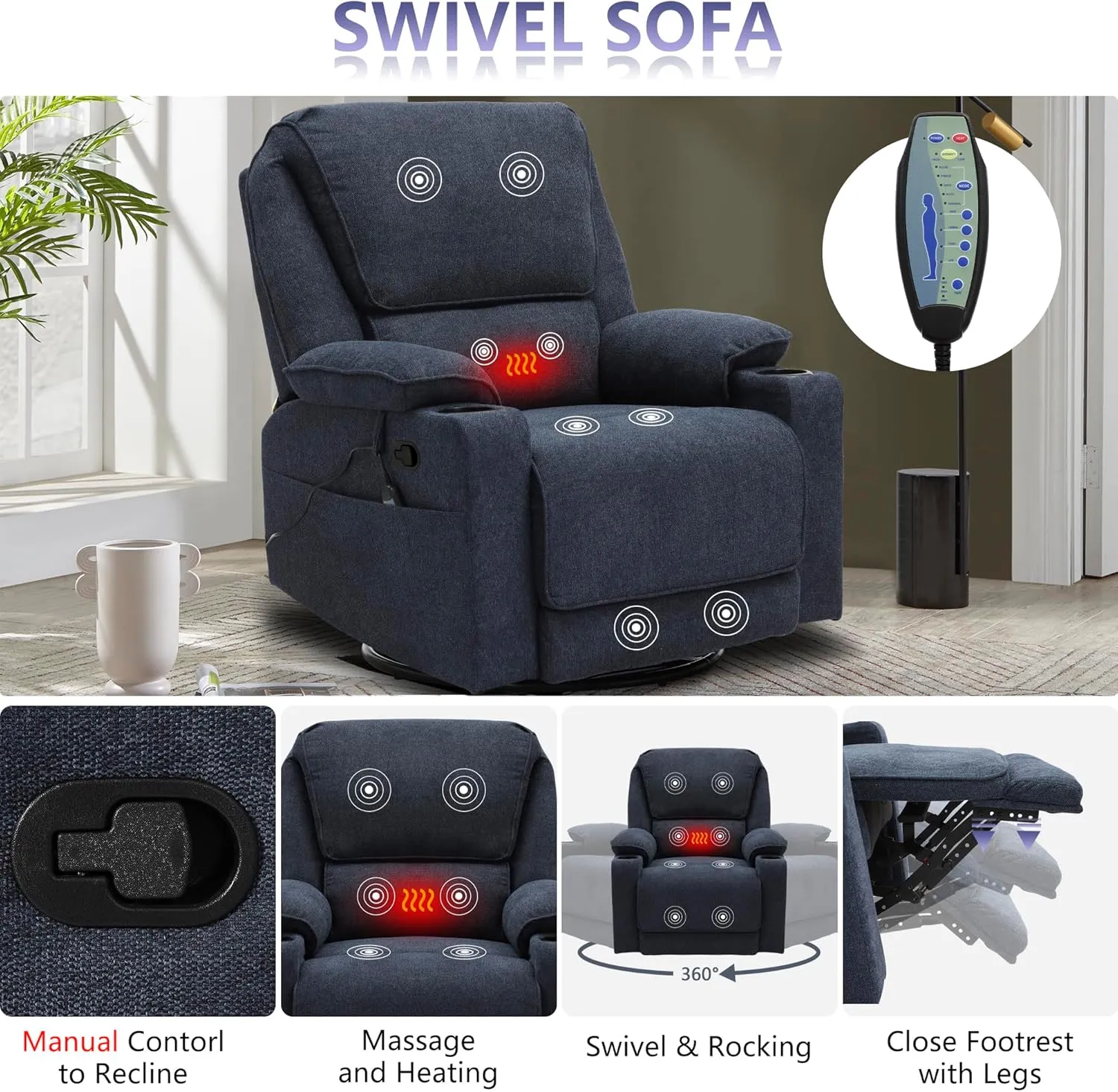 KIGOTY Reclining Living Room Set, 2-Piece Recliner Furniture Sofa, Loveseat Recliner and Swivel Recliner Chair with Cup Houlders for Living Room,Navy Blue