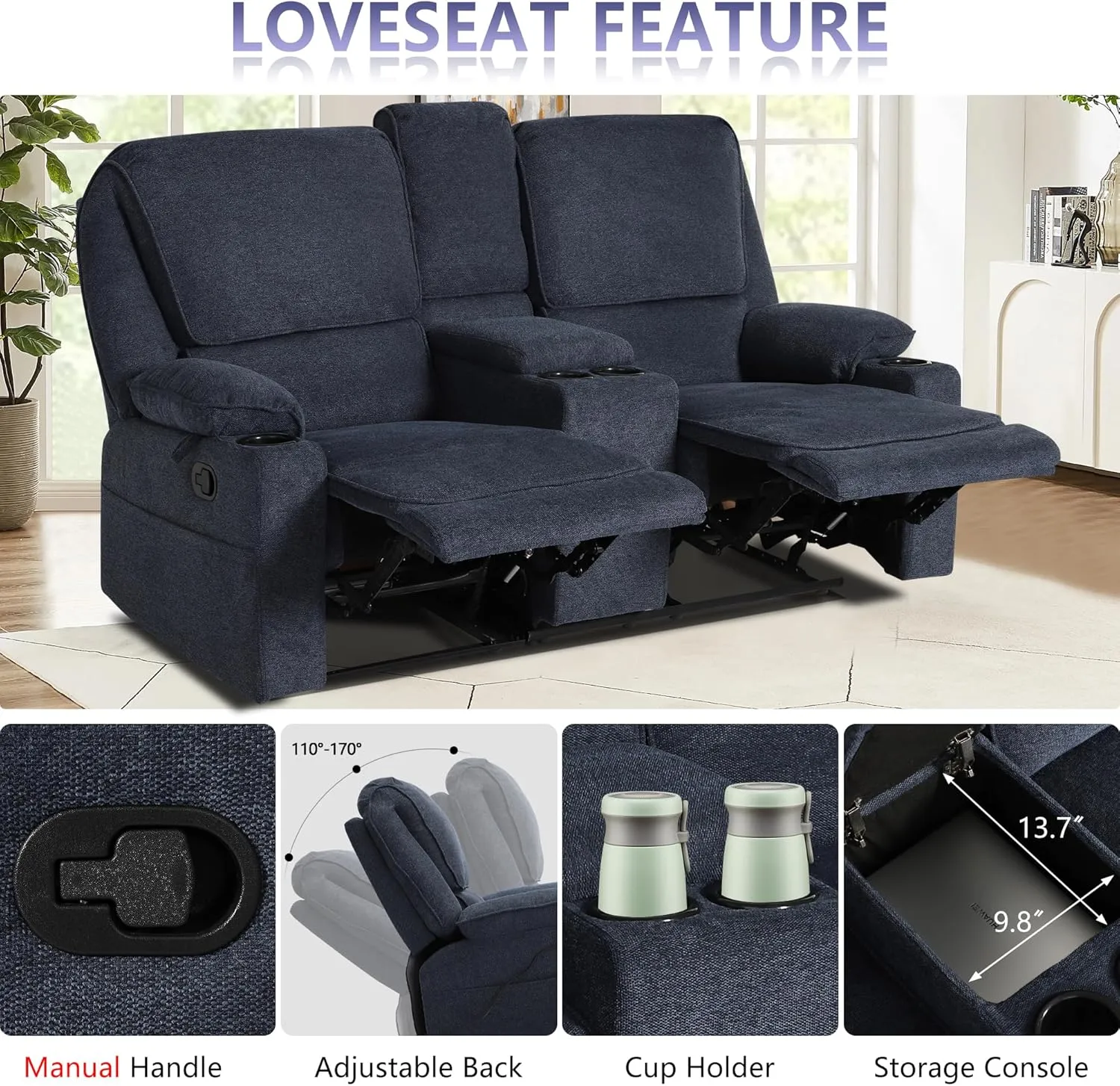 KIGOTY Reclining Living Room Set, 2-Piece Recliner Furniture Sofa, Loveseat Recliner and Swivel Recliner Chair with Cup Houlders for Living Room,Navy Blue