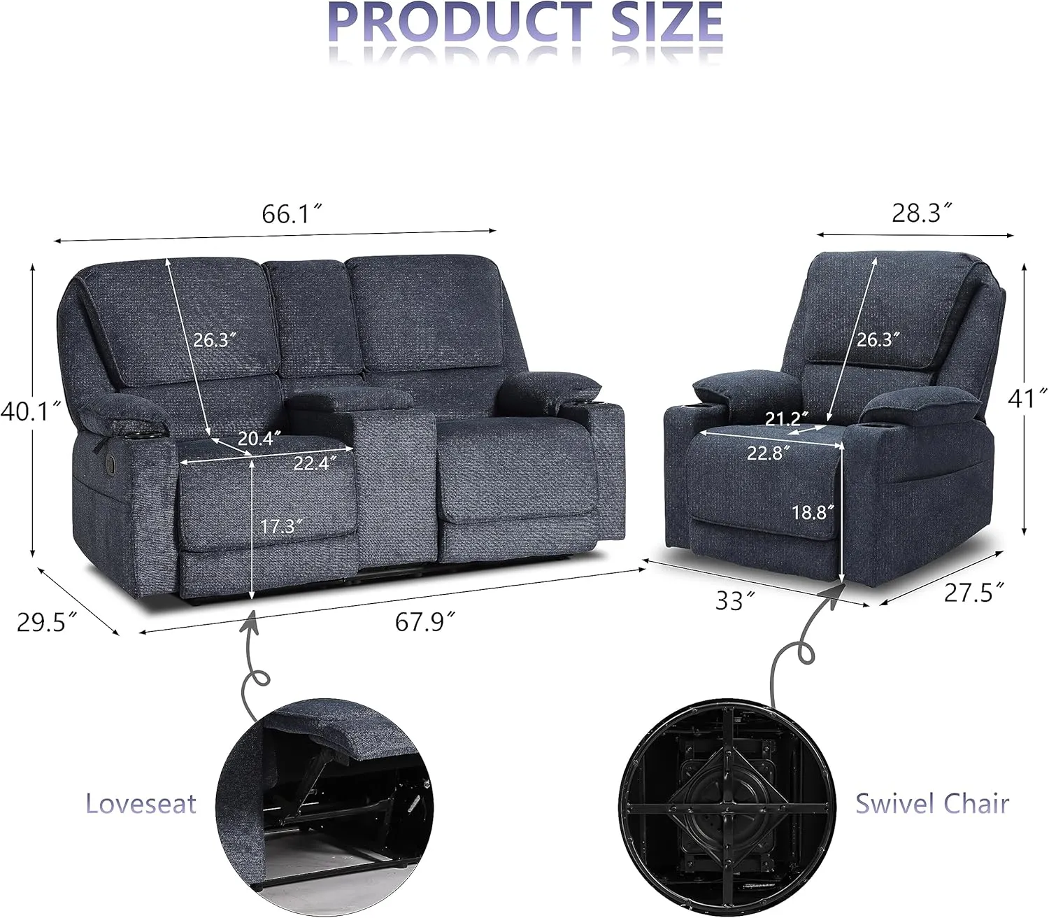 KIGOTY Reclining Living Room Set, 2-Piece Recliner Furniture Sofa, Loveseat Recliner and Swivel Recliner Chair with Cup Houlders for Living Room,Navy Blue