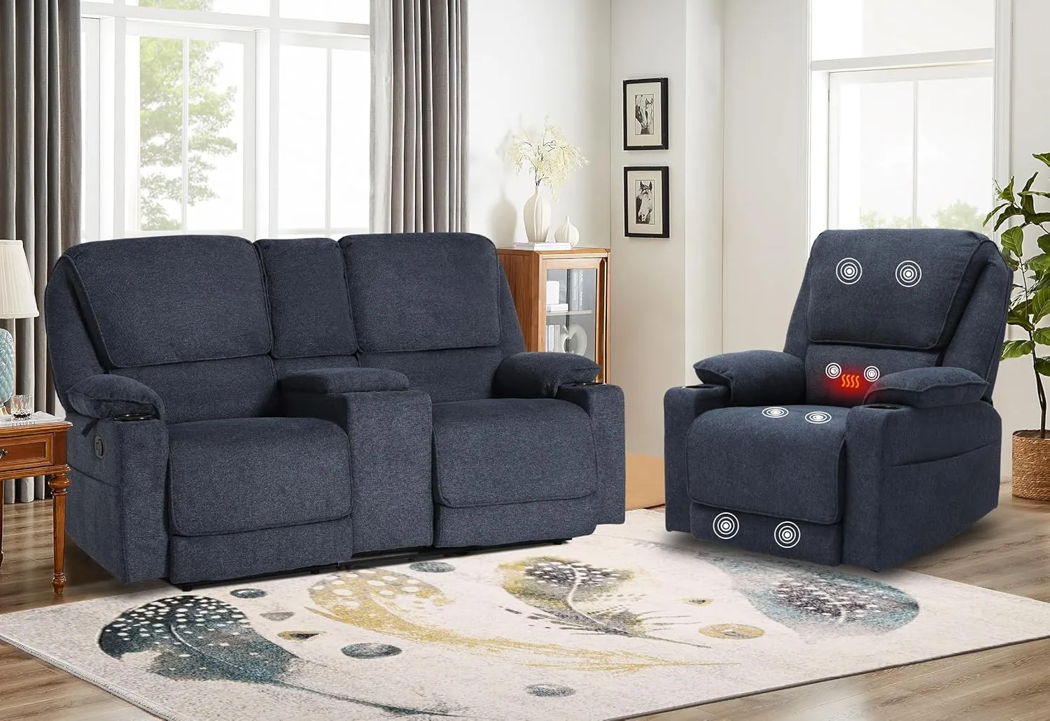KIGOTY Reclining Living Room Set, 2-Piece Recliner Furniture Sofa, Loveseat Recliner and Swivel Recliner Chair with Cup Houlders for Living Room,Navy Blue