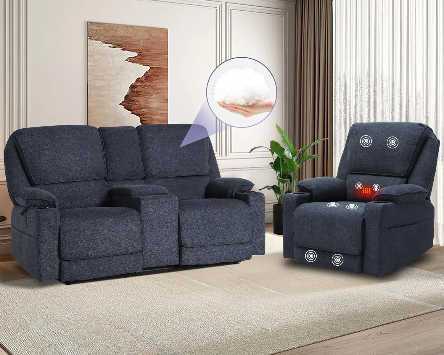 KIGOTY Reclining Living Room Set, 2-Piece Recliner Furniture Sofa, Loveseat Recliner and Swivel Recliner Chair with Cup Houlders for Living Room,Navy Blue
