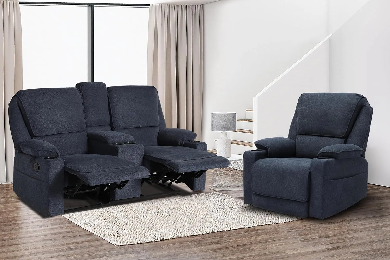 KIGOTY Reclining Living Room Set, 2-Piece Recliner Furniture Sofa, Loveseat Recliner and Swivel Recliner Chair with Cup Houlders for Living Room,Navy Blue