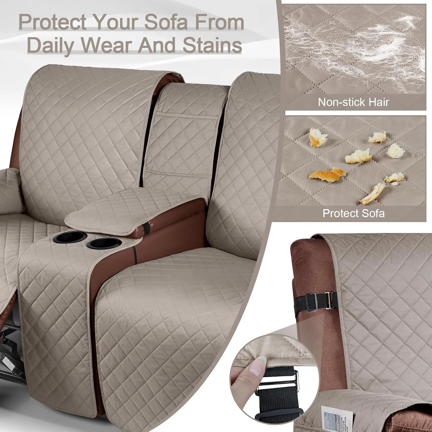 KinCam 100% Waterproof Recliner Loveseat Cover, Non-Slip Reclining Couch Covers for 2 Seat, Recliner Sofa Cover Furniture Protector with Elastic Straps for Kids, Pets, Khaki
