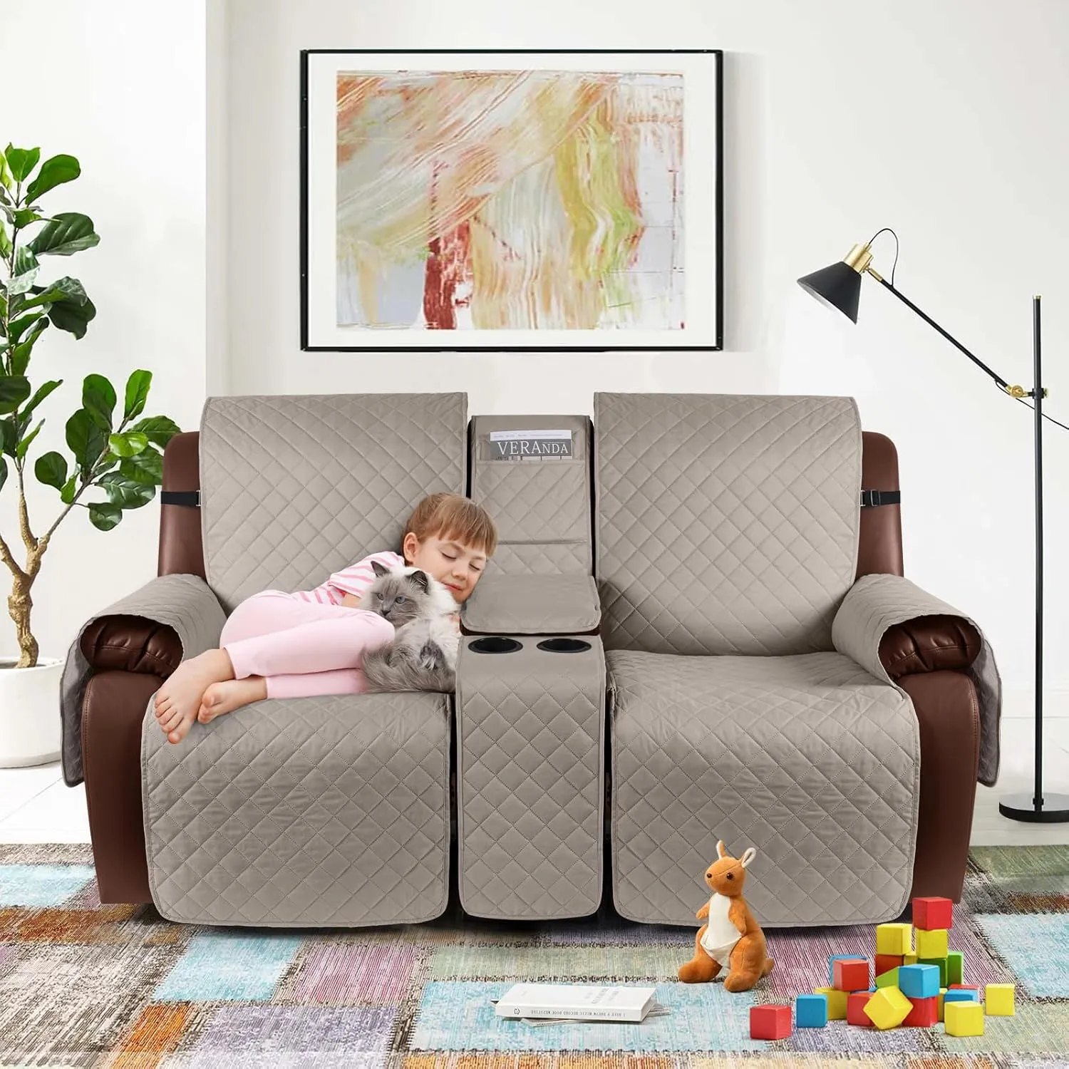 KinCam 100% Waterproof Recliner Loveseat Cover, Non-Slip Reclining Couch Covers for 2 Seat, Recliner Sofa Cover Furniture Protector with Elastic Straps for Kids, Pets, Khaki