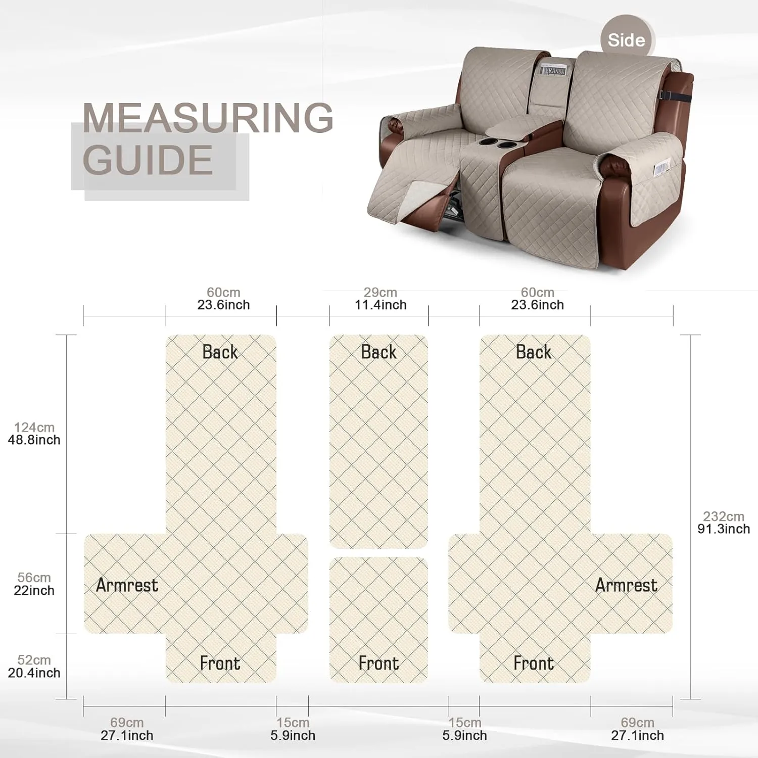KinCam 100% Waterproof Recliner Loveseat Cover, Non-Slip Reclining Couch Covers for 2 Seat, Recliner Sofa Cover Furniture Protector with Elastic Straps for Kids, Pets, Khaki