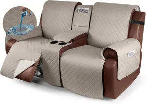 KinCam 100% Waterproof Recliner Loveseat Cover, Non-Slip Reclining Couch Covers for 2 Seat, Recliner Sofa Cover Furniture Protector with Elastic Straps for Kids, Pets, Khaki