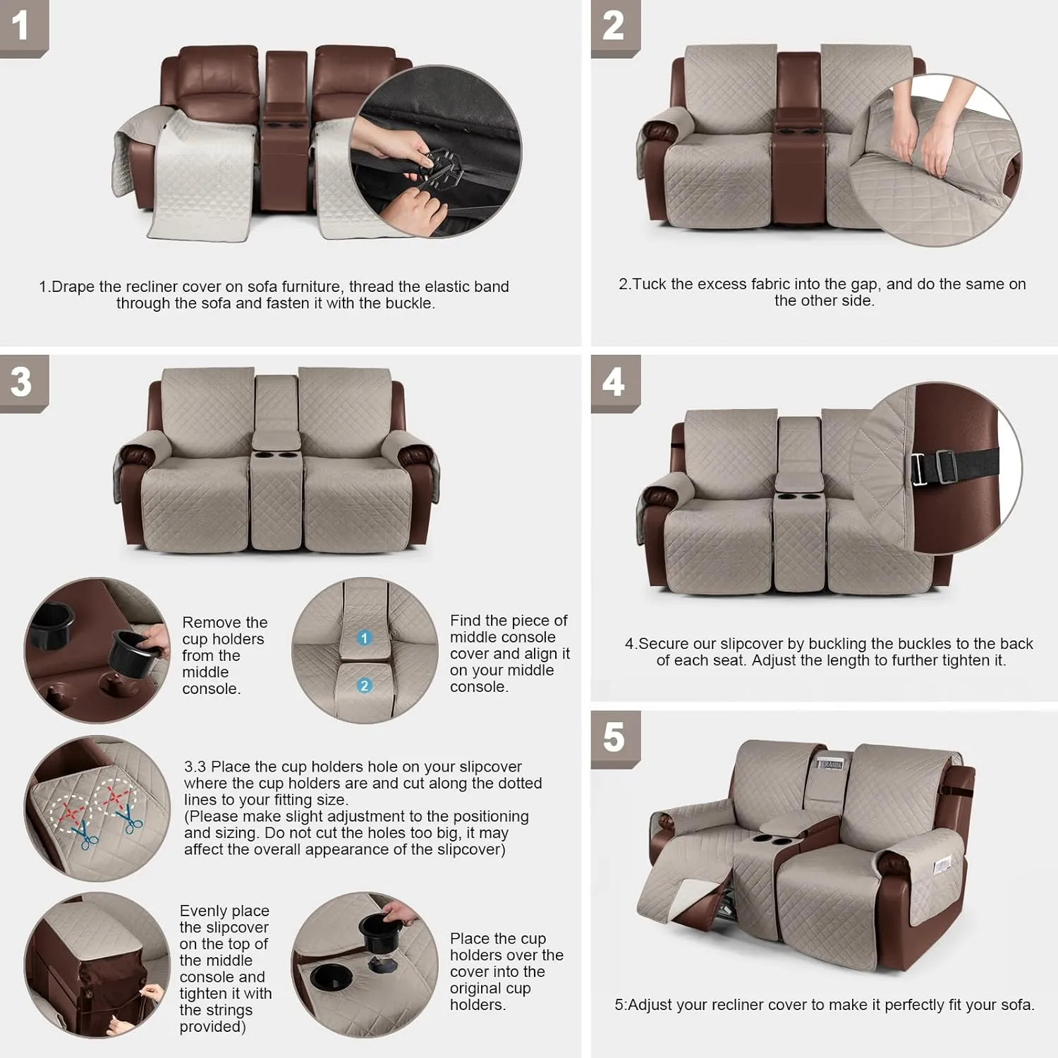 KinCam 100% Waterproof Recliner Loveseat Cover, Non-Slip Reclining Couch Covers for 2 Seat, Recliner Sofa Cover Furniture Protector with Elastic Straps for Kids, Pets, Khaki