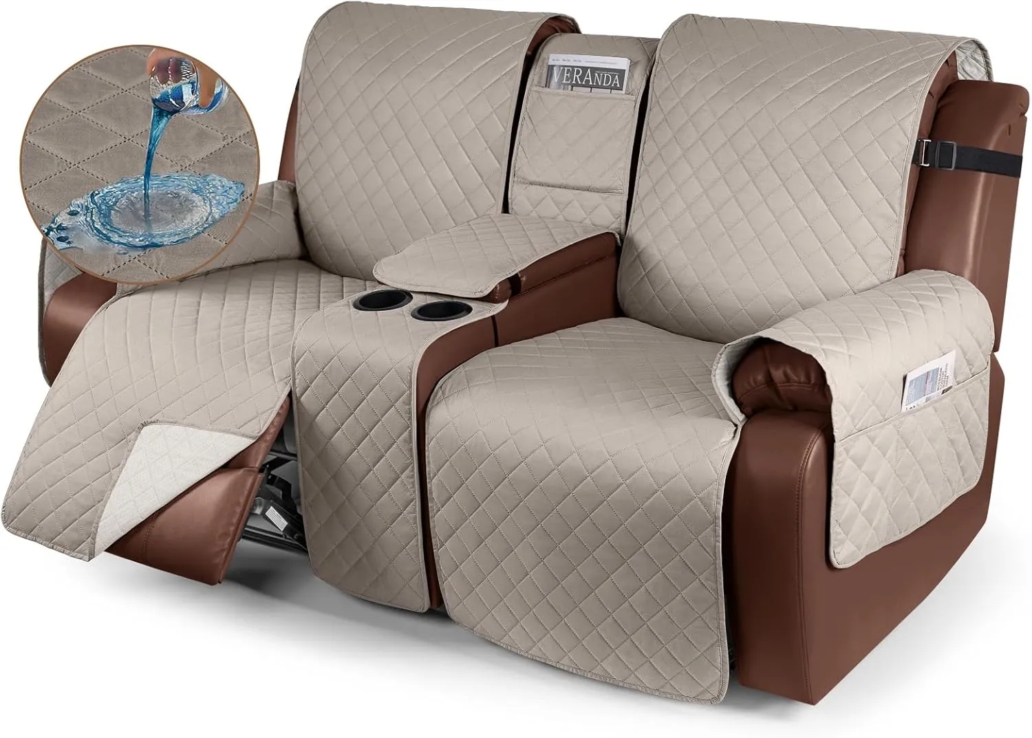 KinCam 100% Waterproof Recliner Loveseat Cover, Non-Slip Reclining Couch Covers for 2 Seat, Recliner Sofa Cover Furniture Protector with Elastic Straps for Kids, Pets, Khaki