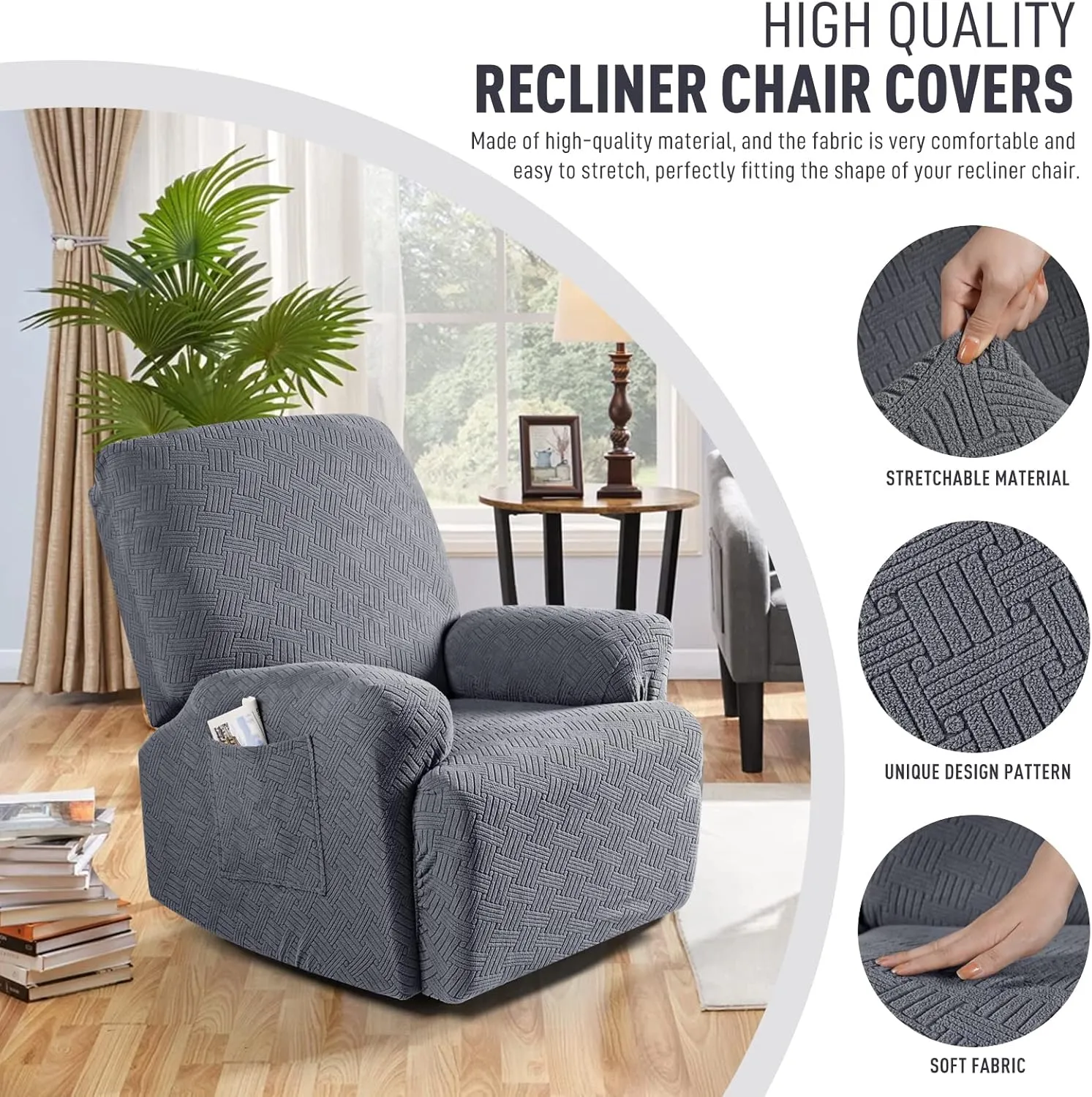 KinCam Recliner Chair Covers, Stretch Reclining Cover, Recliner Sofa Slipcovers Stripe Jacquard Recliner Couch Covers Furniture Protector Covers for Pet Kid (1 Seater, Dark Gray)