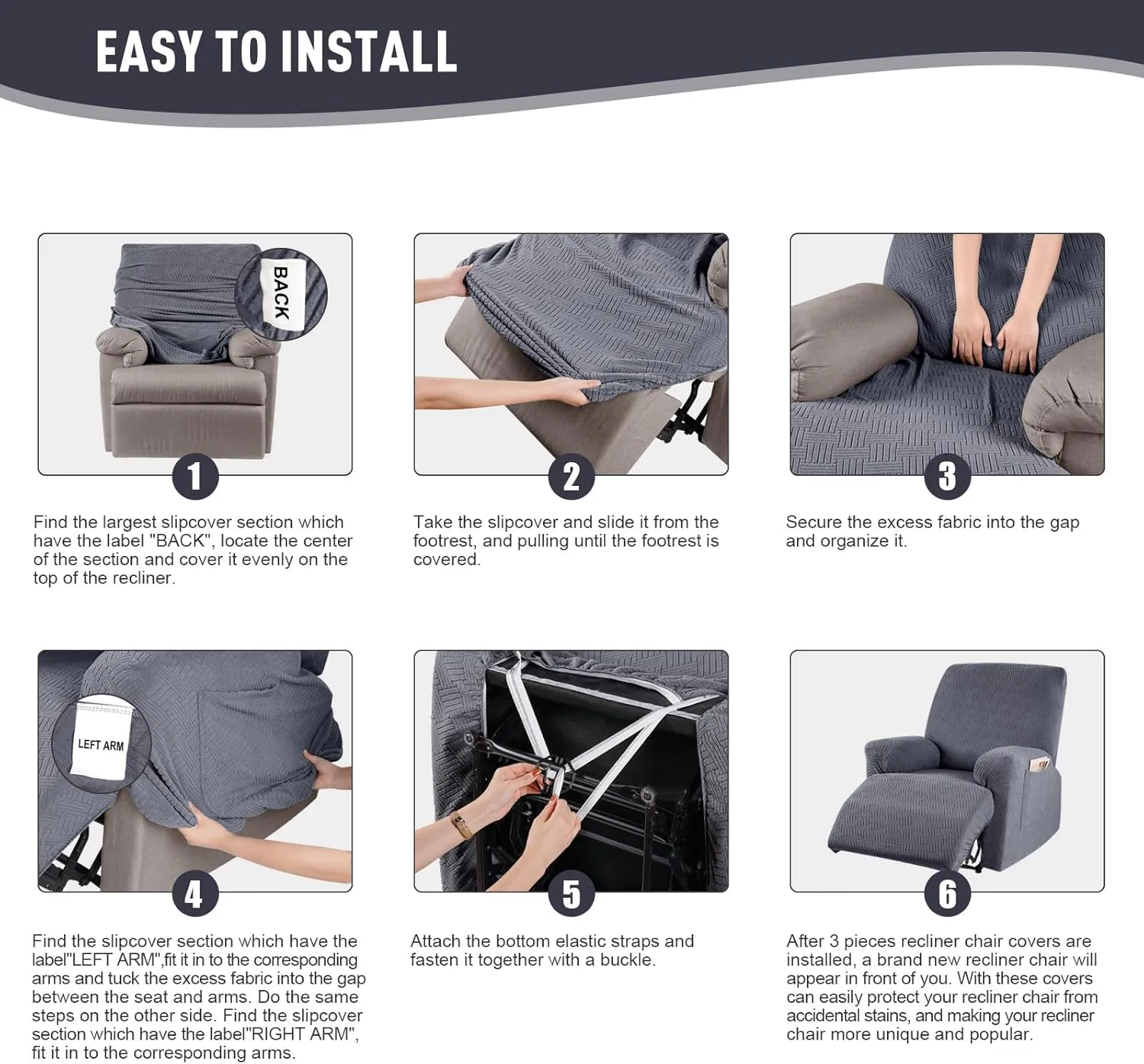 KinCam Recliner Chair Covers, Stretch Reclining Cover, Recliner Sofa Slipcovers Stripe Jacquard Recliner Couch Covers Furniture Protector Covers for Pet Kid (1 Seater, Dark Gray)