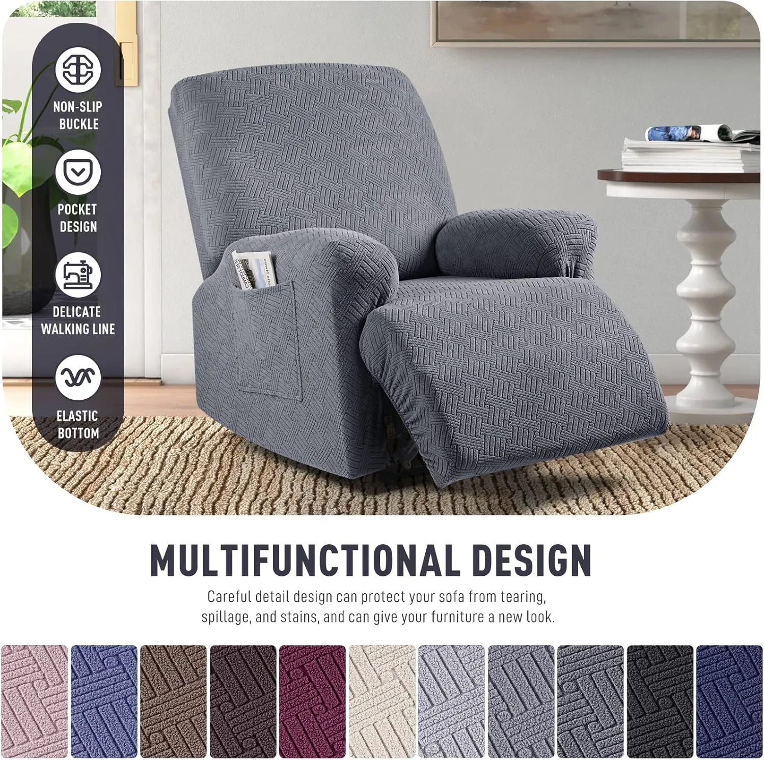 KinCam Recliner Chair Covers, Stretch Reclining Cover, Recliner Sofa Slipcovers Stripe Jacquard Recliner Couch Covers Furniture Protector Covers for Pet Kid (1 Seater, Dark Gray)